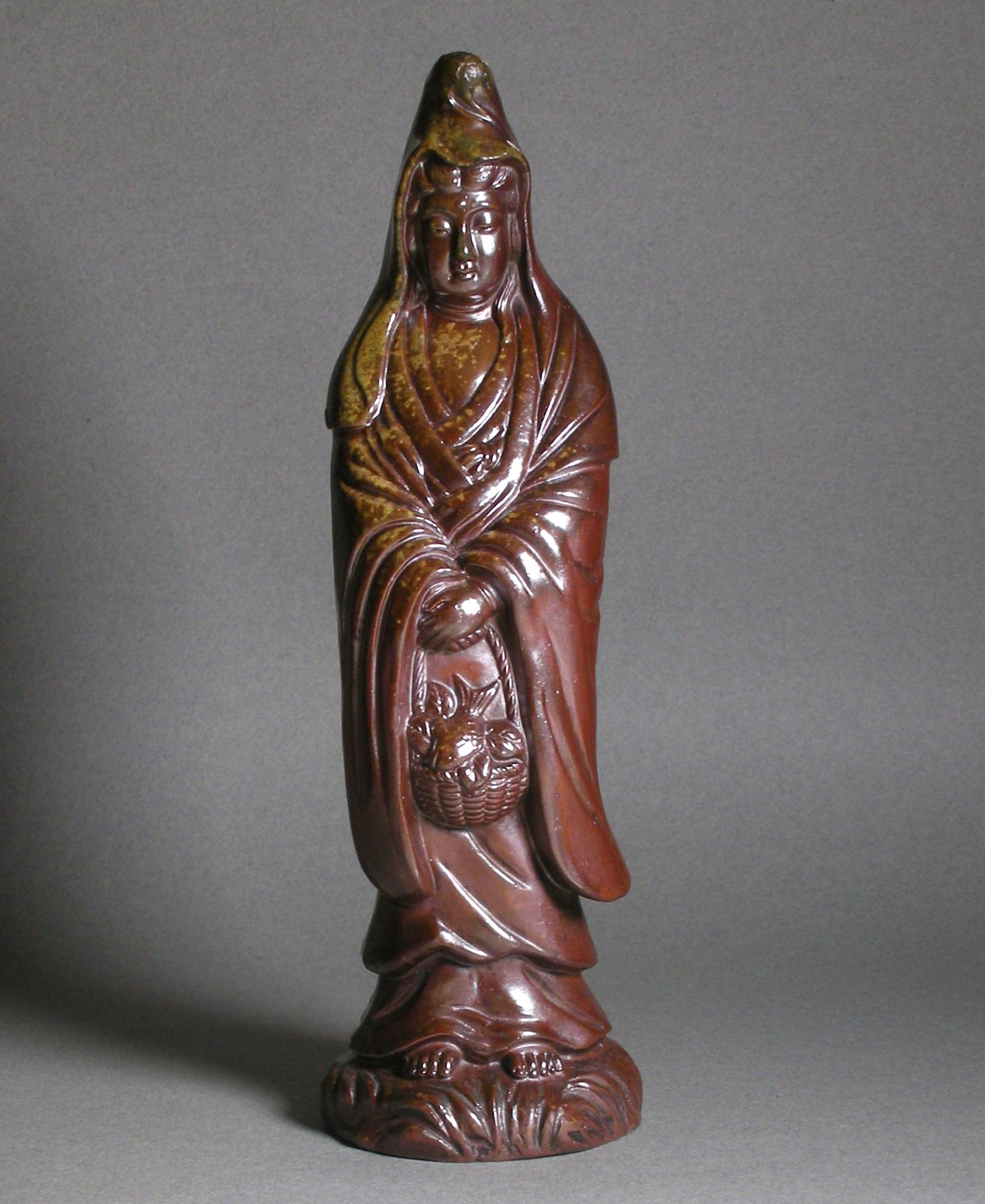 Vintage Japanese Bizen Stoneware Kannon Guanyin Figurine Holding Basket (26.5cm)