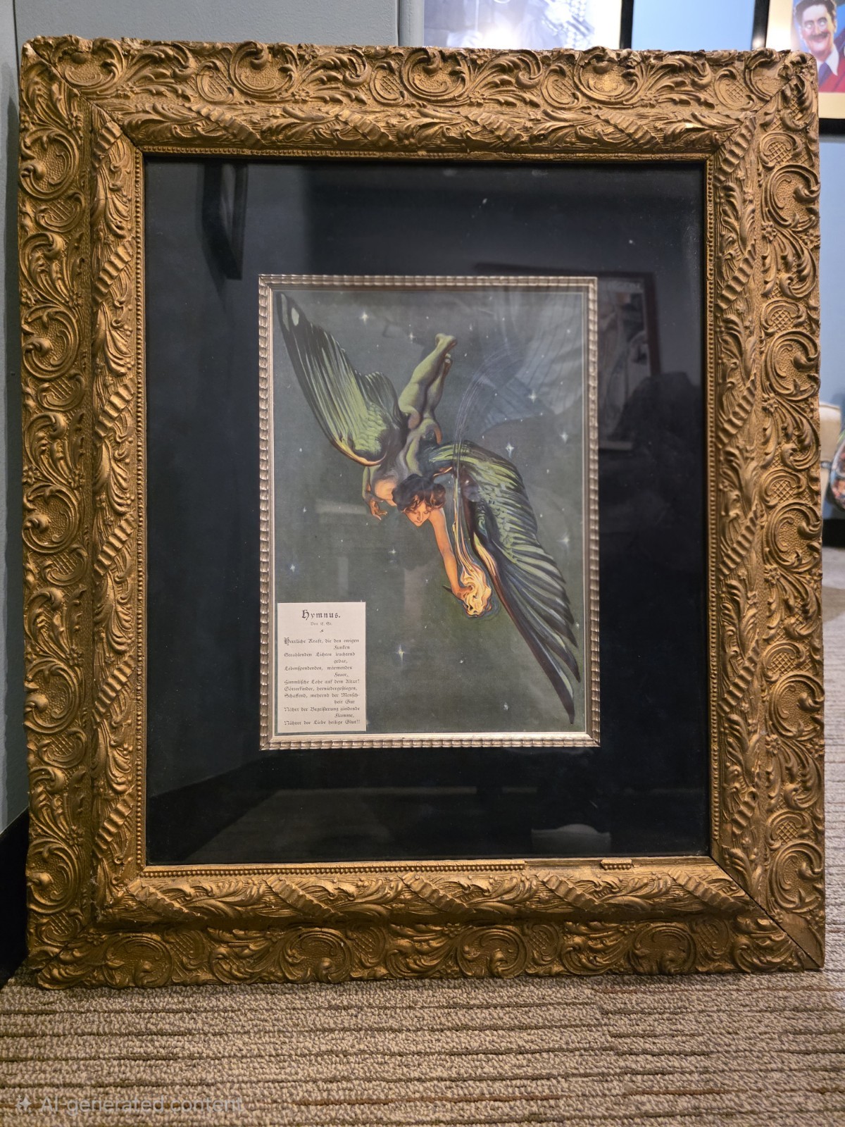 FRAMED GERMAN LITHOGRAPH OF ARCHANGEL WITH TORCH (Late 1800's /Early 1900's) FRAMED GERMAN LITHOGRAPH OF ARCHANGEL WITH TORCH (Late 1800's /Early 1900's)