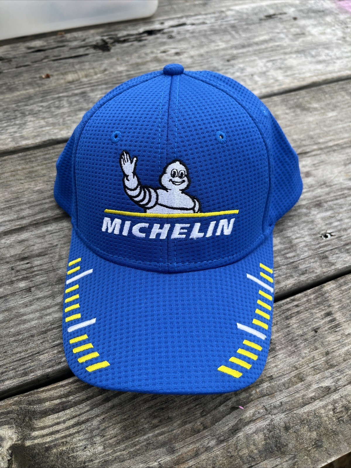 Michelin Racing Ball Cap Blue Yellow White Custom Embroidered Hat Ajustable EUC Michelin Racing Ball Cap Blue Yellow White Custom Embroidered Hat Ajustable EUC