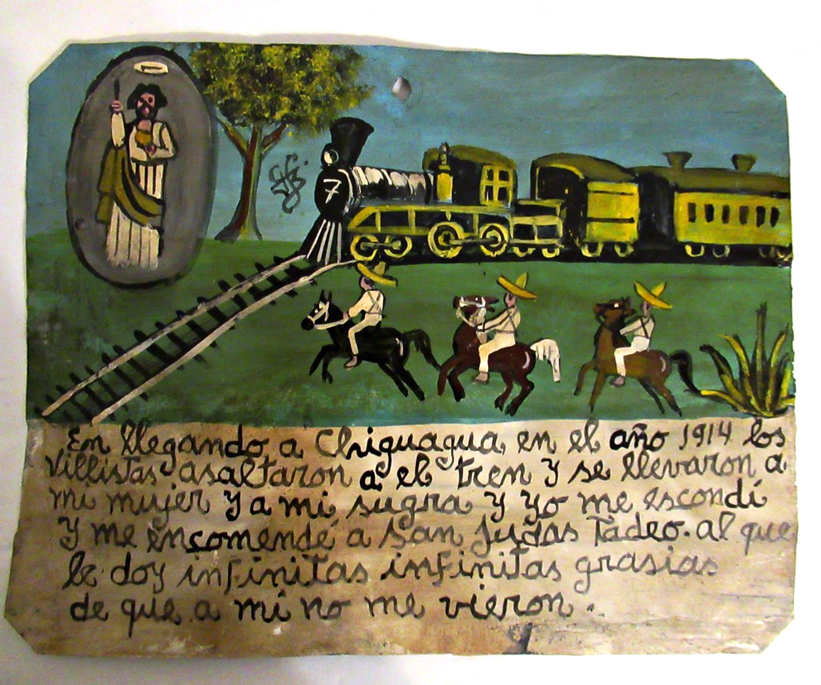 VTG HP MEXICAN TIN RETABLO SAN JUDAS TADEO SAVES MAN at TRAIN ROBBERY in 1914