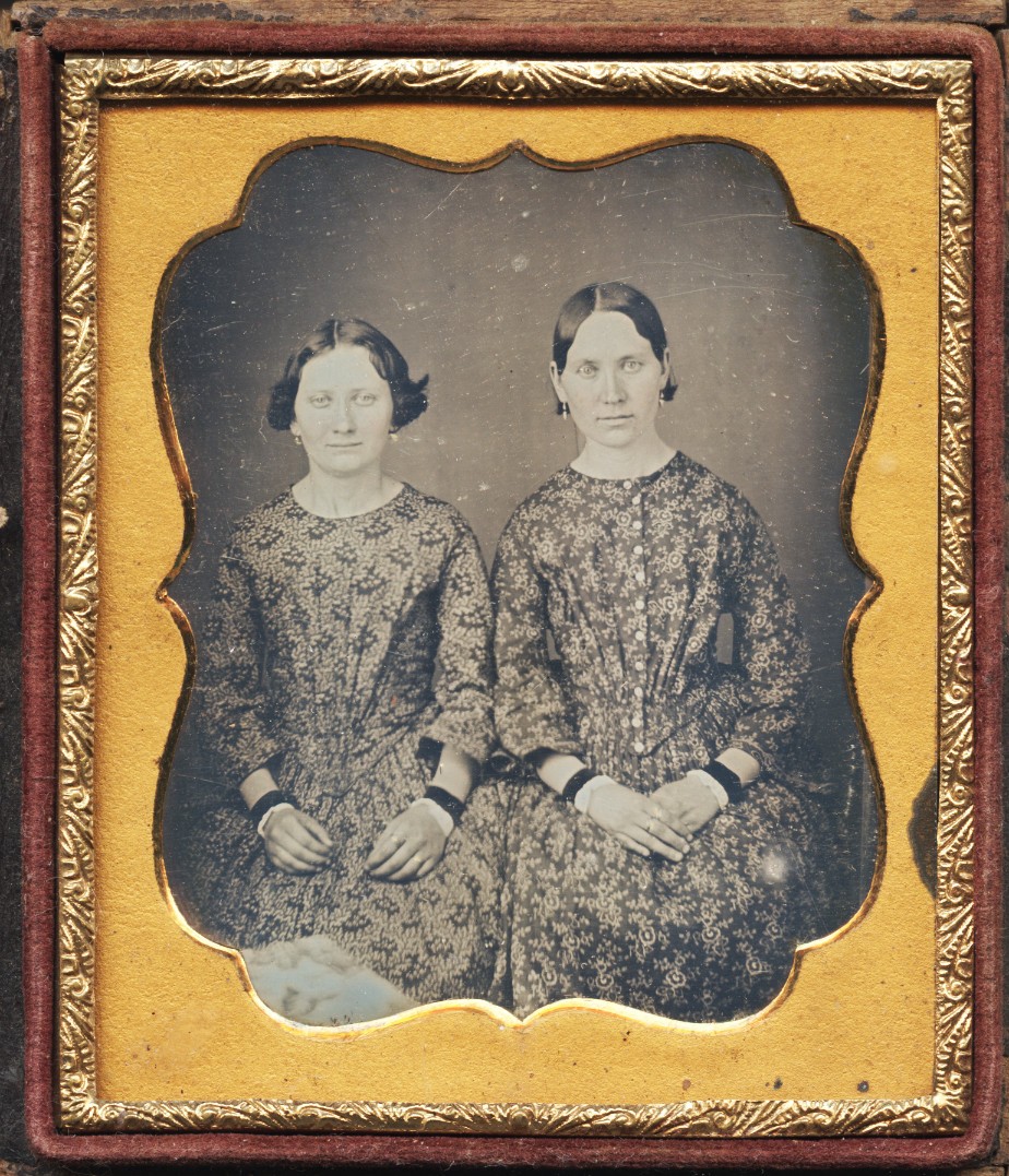 Fine 6th Plate Dag of Two Women in Patterned Dresses, Half  Case, 1850s #192