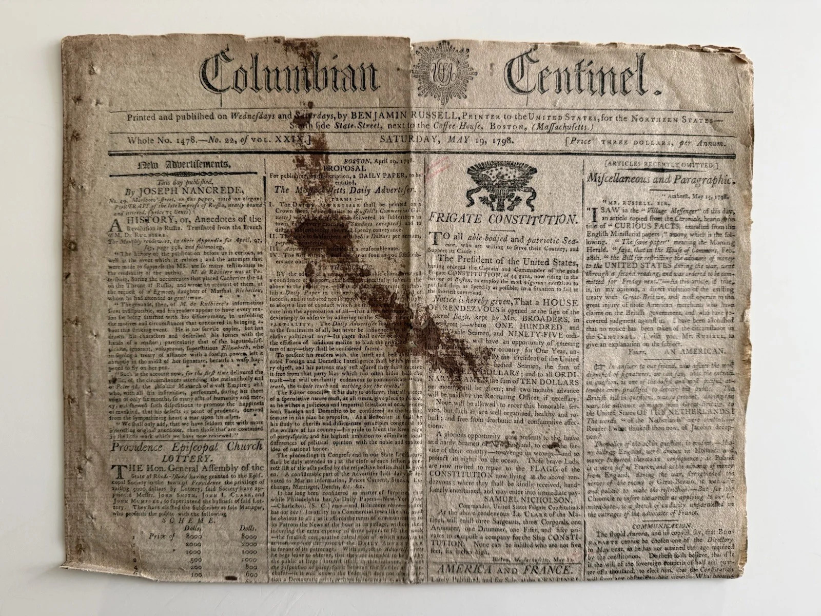 Complete Issue Of Columbian Centinal, Boston, May 18, 1798, Re USS Constitution 