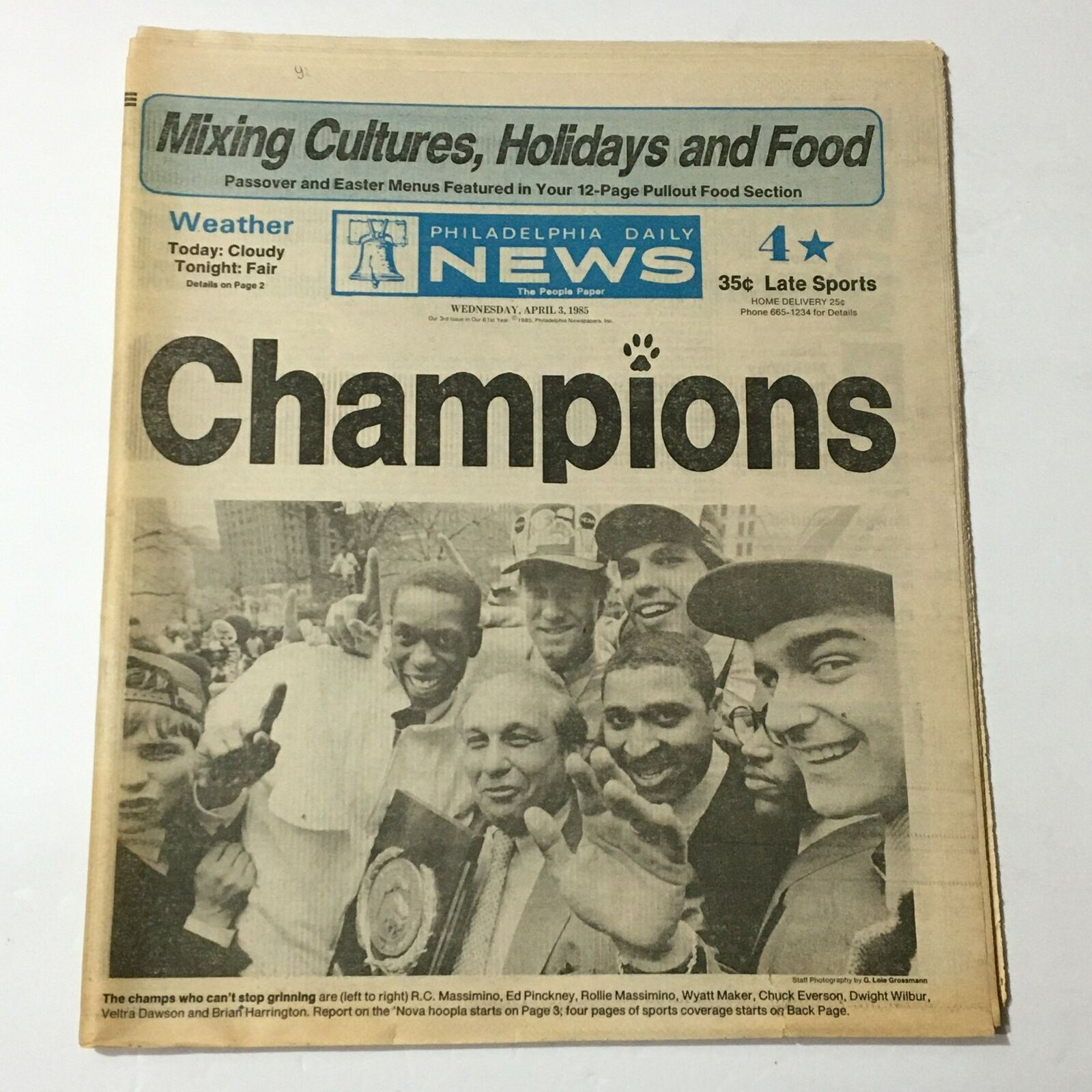VTG Philadelphia Daily News April 3 1985 - R.C. Massimino, Ed Pinckney & Wyatt M