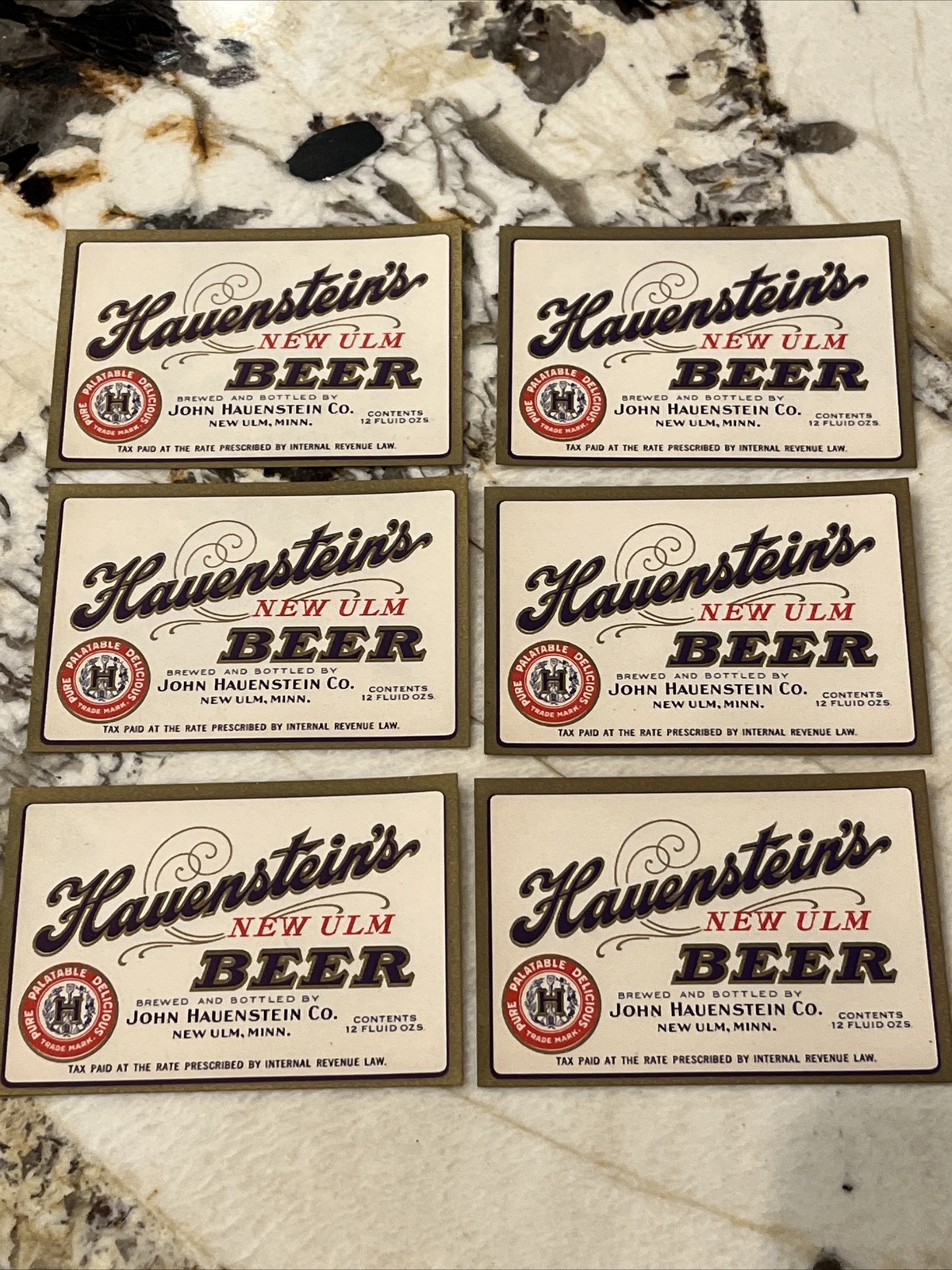 Lot 6 vintage 1930's Hauenstein's New Ulm Strong Beer Bottle Label 12 Fluid Oz Lot 6 vintage 1930's Hauenstein's New Ulm Strong Beer Bottle Label 12 Fluid Oz
