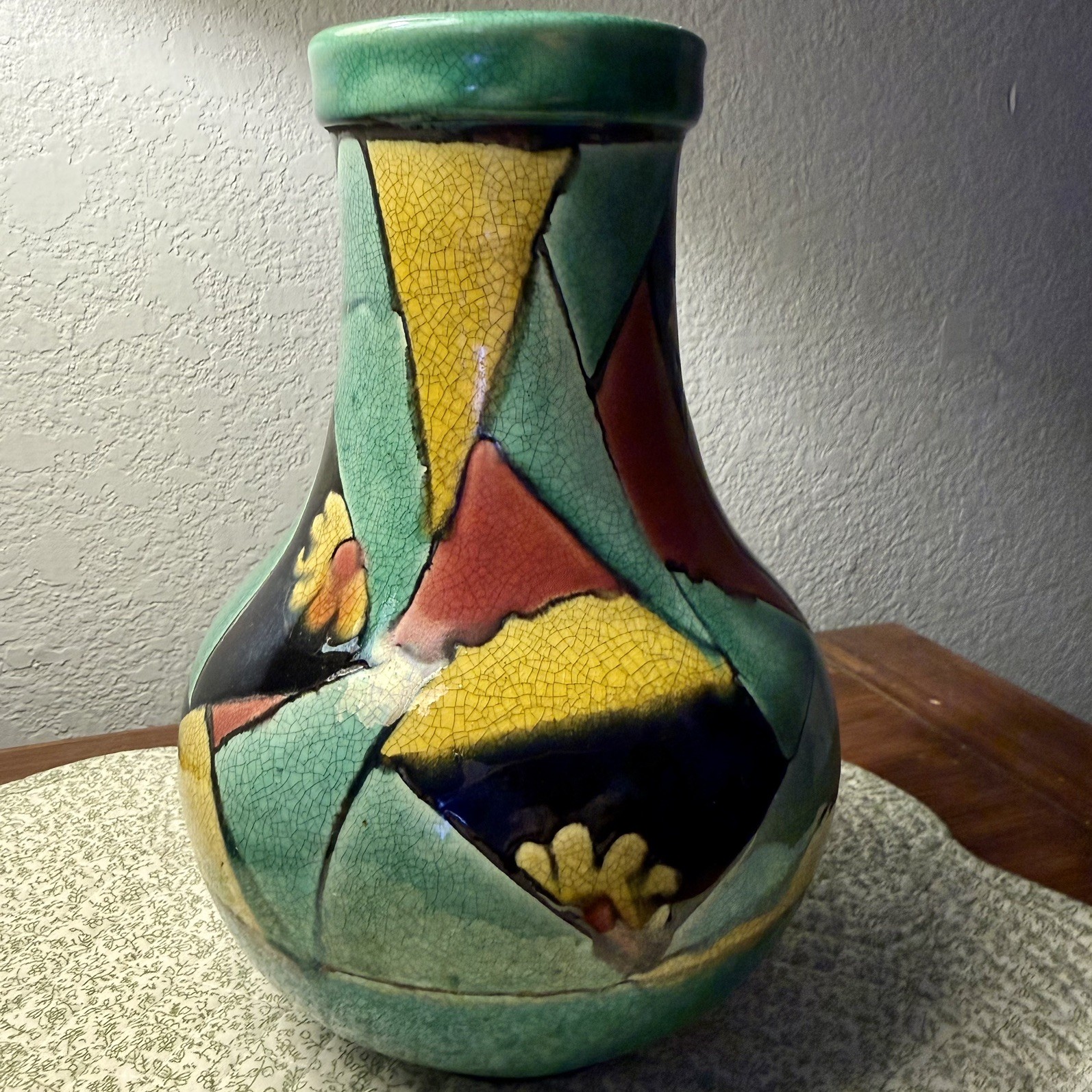 Awaji Studio Pottery Vintage Art Deco Geometric Vase In Red, Yellow and Green Awaji Studio Pottery Vintage Art Deco Geometric Vase In Red, Yellow and Green