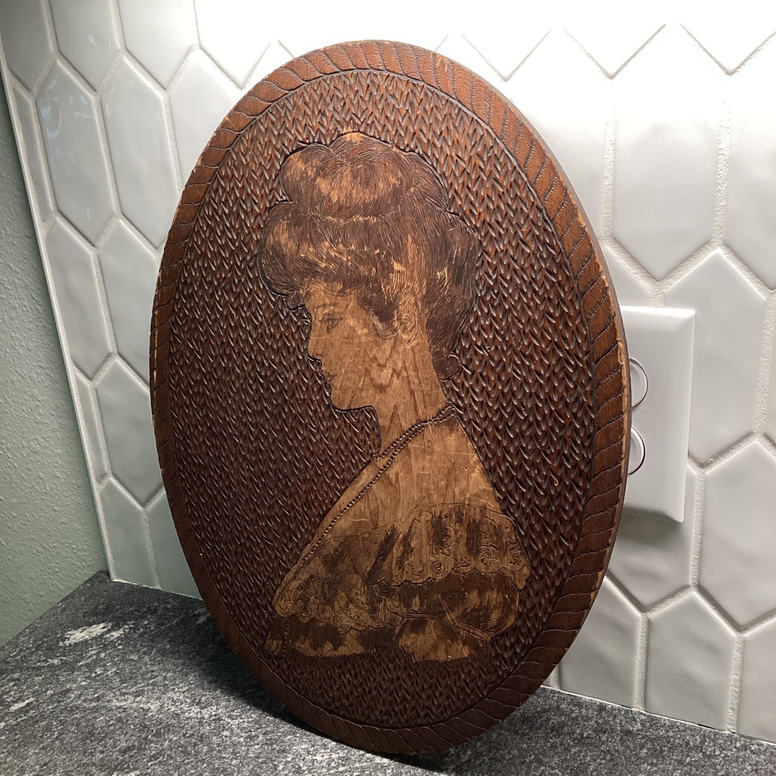 Vintage Art Nouveau Oval Wood Carved Pyrography Victorian Lady F. Werner & Sons Vintage Art Nouveau Oval Wood Carved Pyrography Victorian Lady F. Werner & Sons