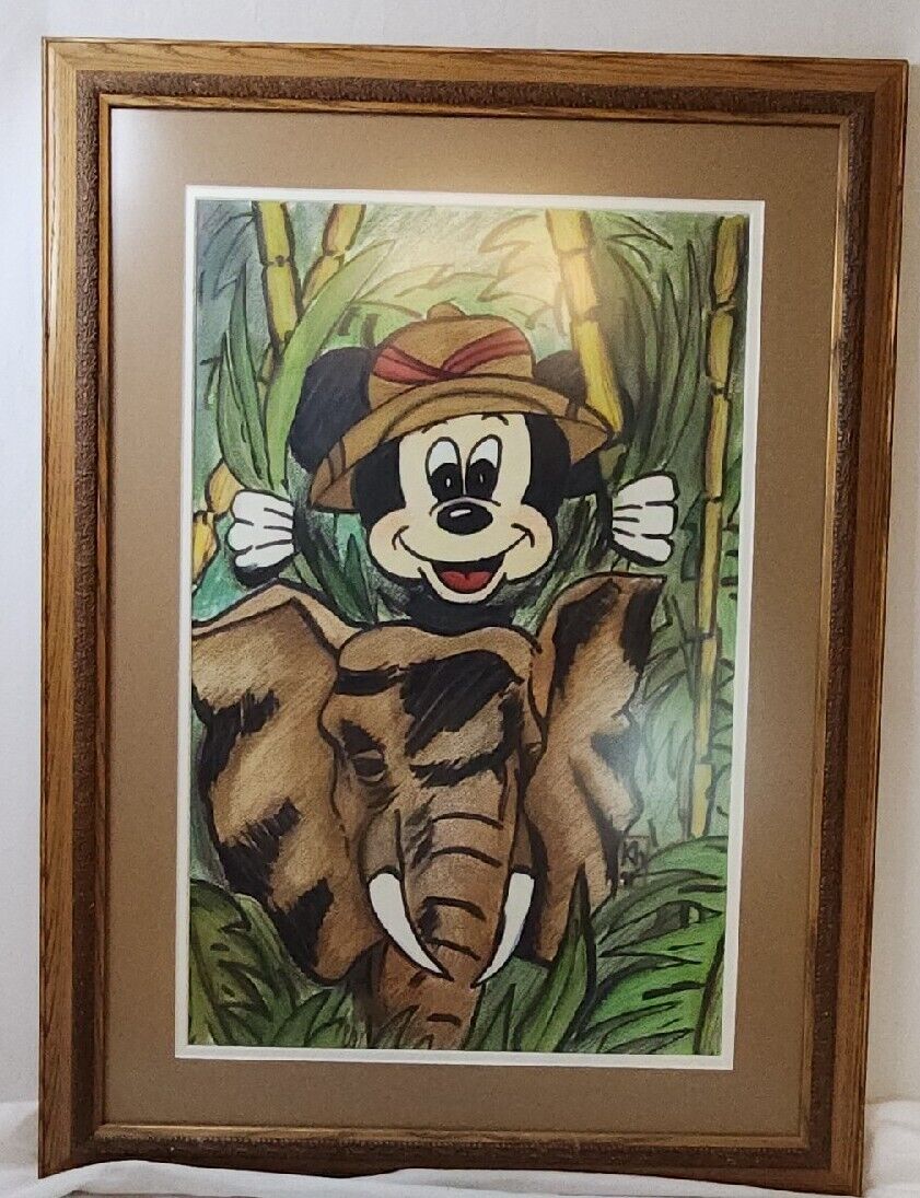 1991 Mickey Mouse Safari Jungle Cruise Folk Art Signed 14 X 22 Disney Framed