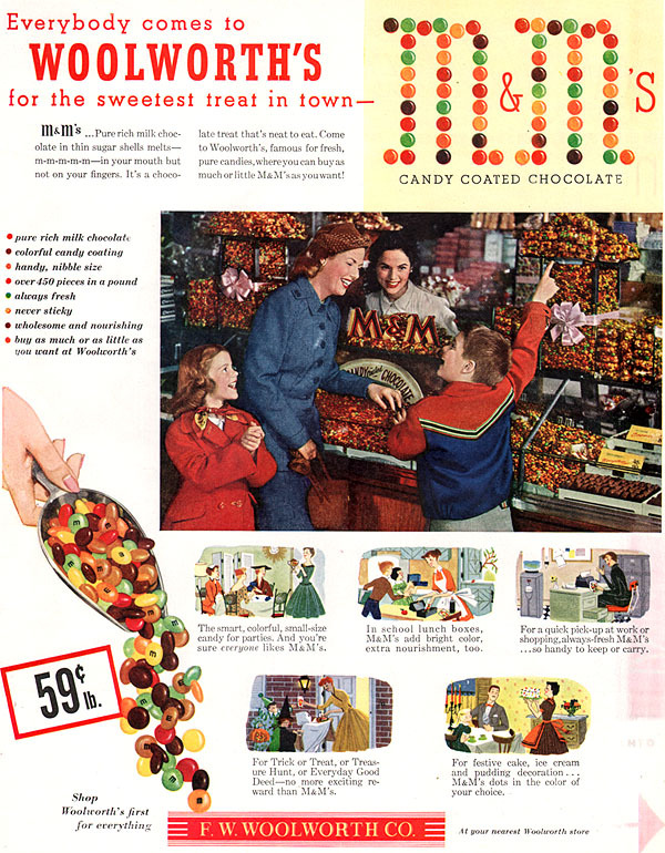 M & M Now At Woolworth's CANDY COUNTER Over 450 Pieces in 1lb 1952 MAGAZINE AD M & M Now At Woolworth's CANDY COUNTER Over 450 Pieces in 1lb 1952 MAGAZINE AD