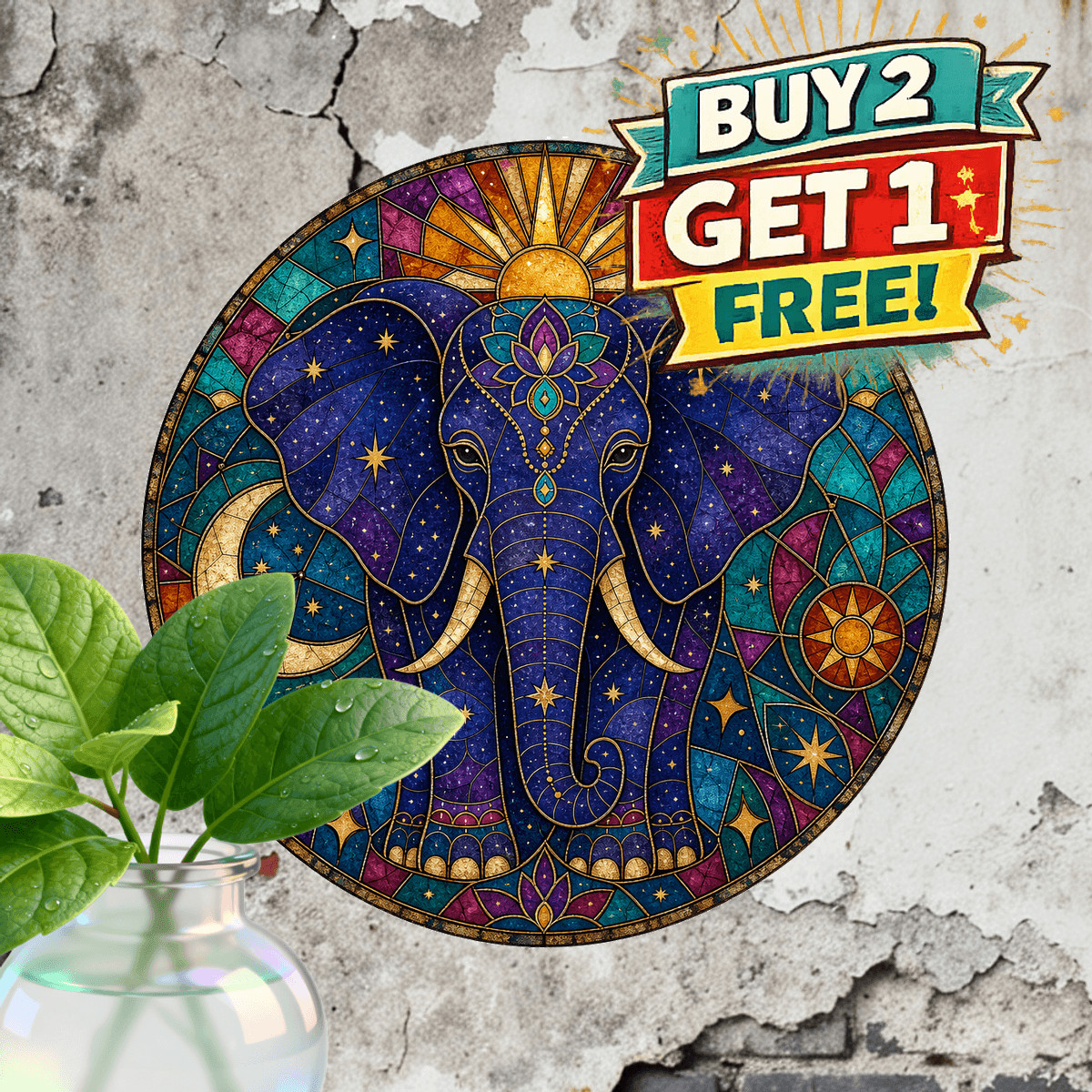 Boho Starry Night Elephant Artwork Round Metal Sign Room Wall Decor Plaque 8x8