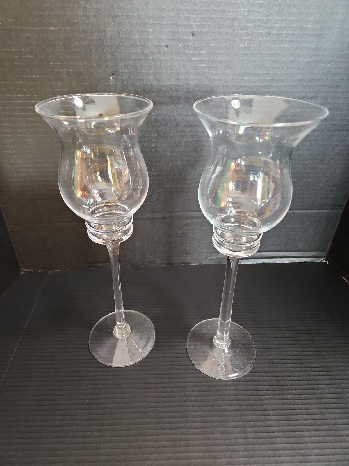 Vintage Pair of Tall Clear Glass Tulip Candle Holders Stemmed Votive 14 Vintage Pair of Tall Clear Glass Tulip Candle Holders Stemmed Votive 14