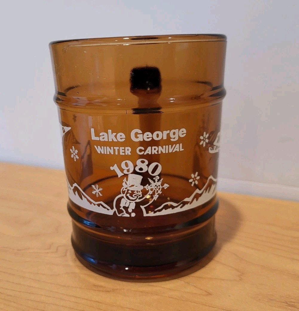 LAKE GEORGE  WINTER CARNIVAL   1980  Amber Glass Anchor Hocking Souvenir Mug