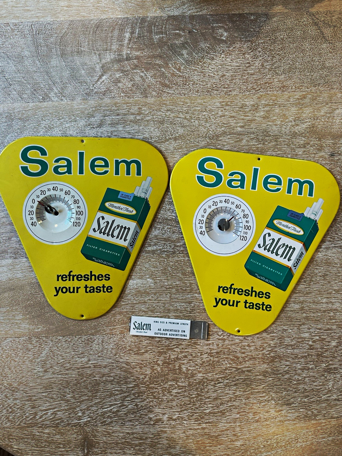 Pair Vintage Salem Menthol Cigarette Thermometer Signs & Promo Pocket Box Cutter Pair Vintage Salem Menthol Cigarette Thermometer Signs & Promo Pocket Box Cutter