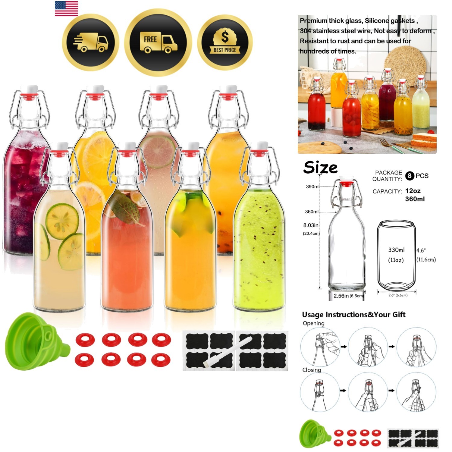 Flip Top Glass Bottle 12 oz,Swing Top Glass Bottles 12oz with Airtight Lids