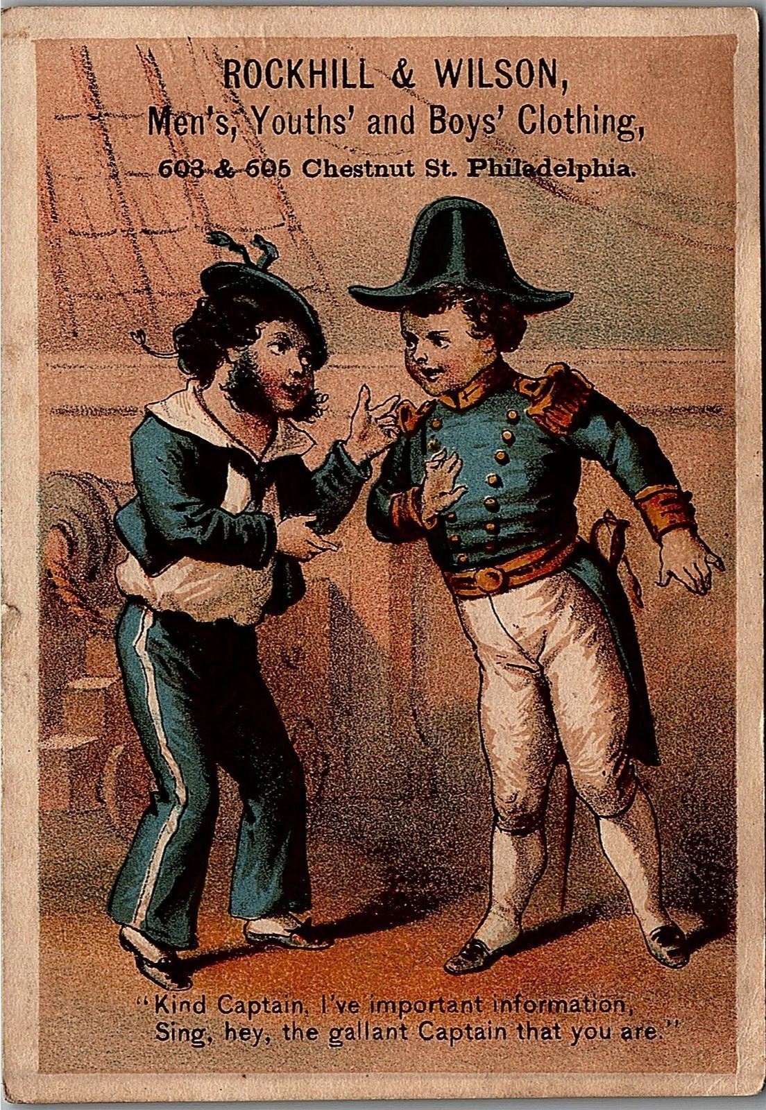 1880s ROCKHILL & WILSON MEN\'S BOY\'S CLOTHING PHILADELPHIA NAVY TRADE CARD 25-219