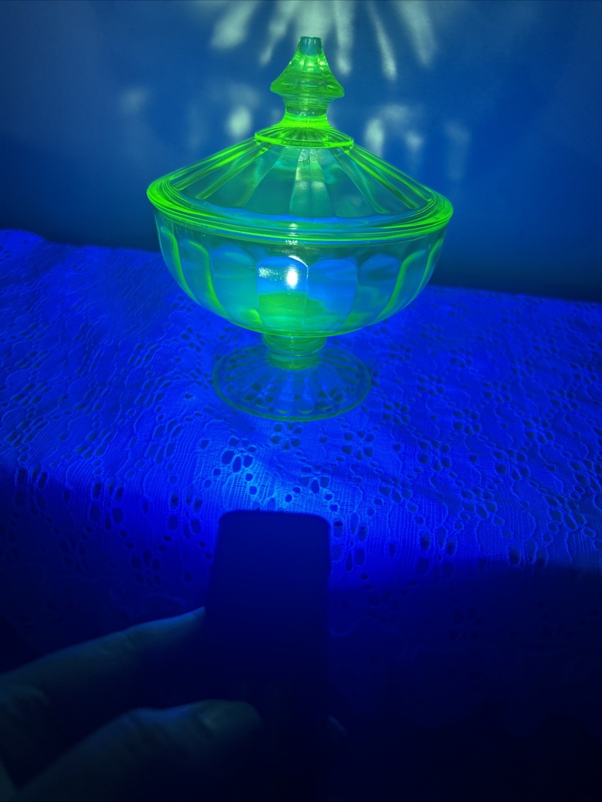 VTG Hazel Atlas Optic Rib Green Uranium Depression Glass Candy Dish Footed Glows