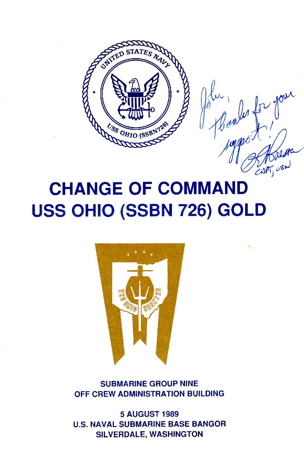 USS Ohio SSBN 726 (Gold) Change of Command pamphlet 1989 annotated by CO