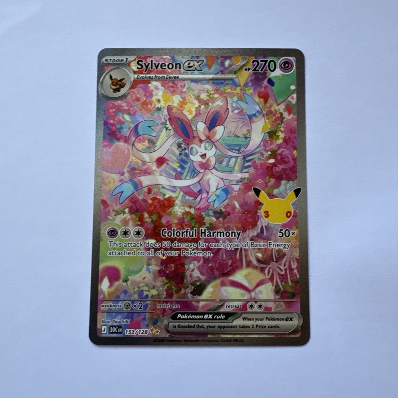 Pokémon TCG Sylveon ex 153/128 30th Anniversary Full Art Holo English Pokémon TCG Sylveon ex 153/128 30th Anniversary Full Art Holo English