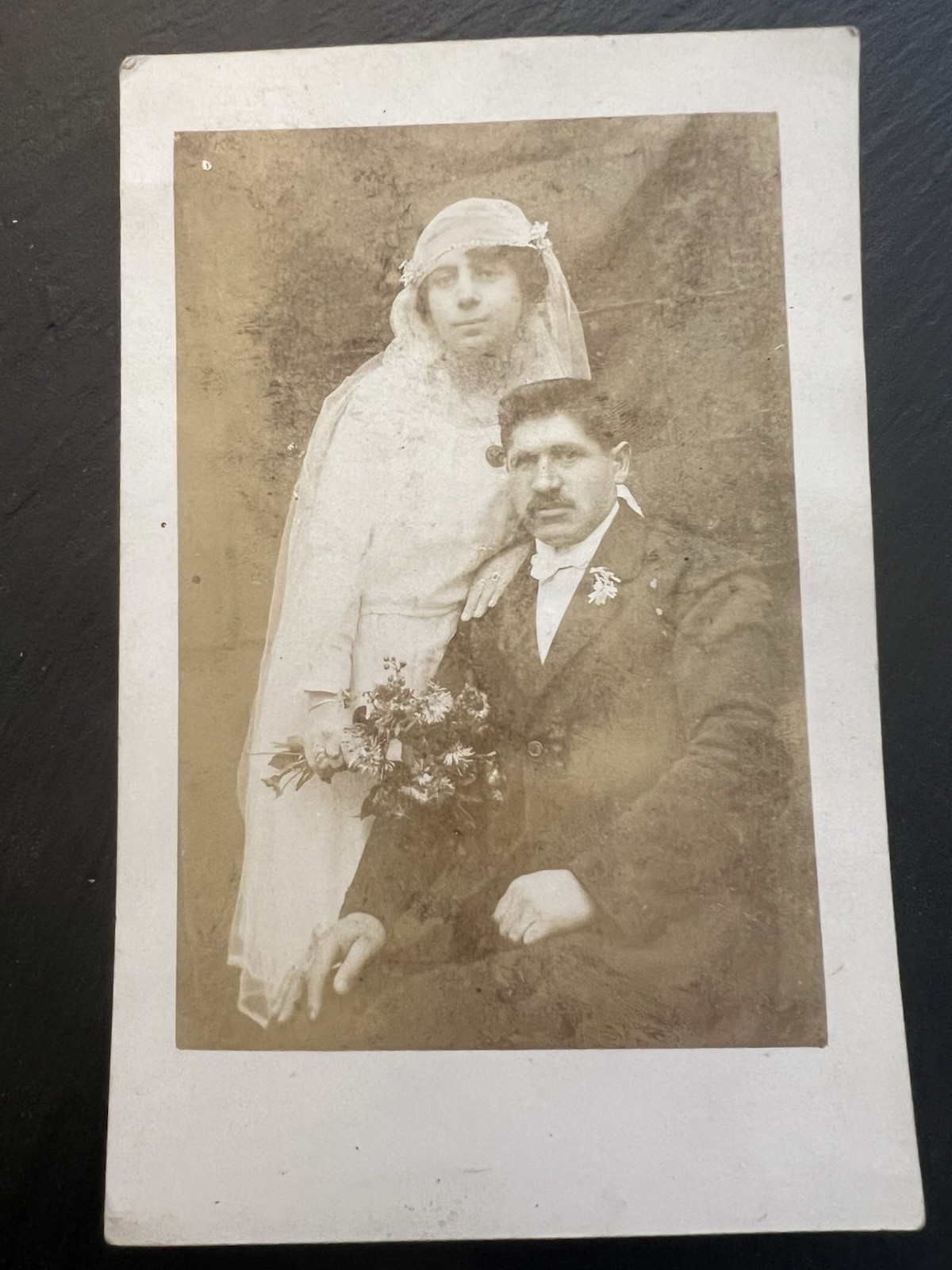 Pre WW1 Antique RPPC Postcard Wedding Couple Bride Veil Mustache 