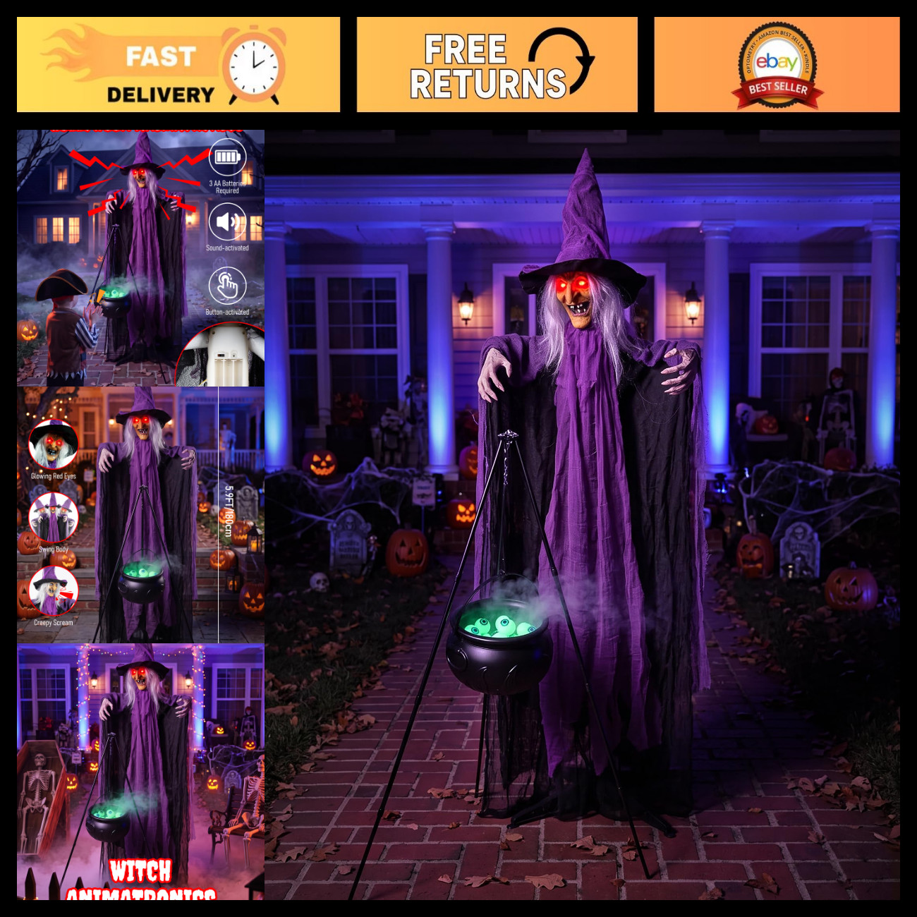 Life-Size Sound Activated Witch Animatronic with Cauldron - Scary Outdoor Hallow