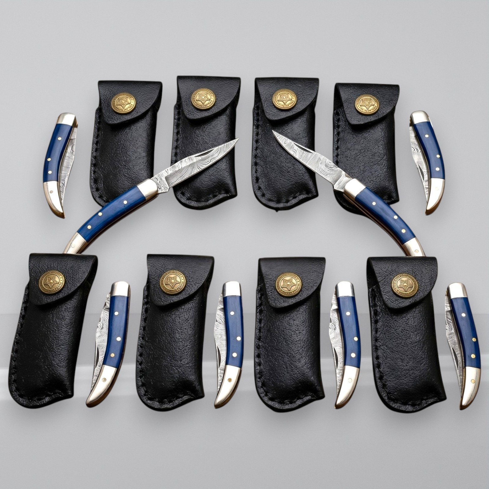 8pc Handmade Damascus Folding Pocket Knife Set Blue Bone Handle Leather Sheaths