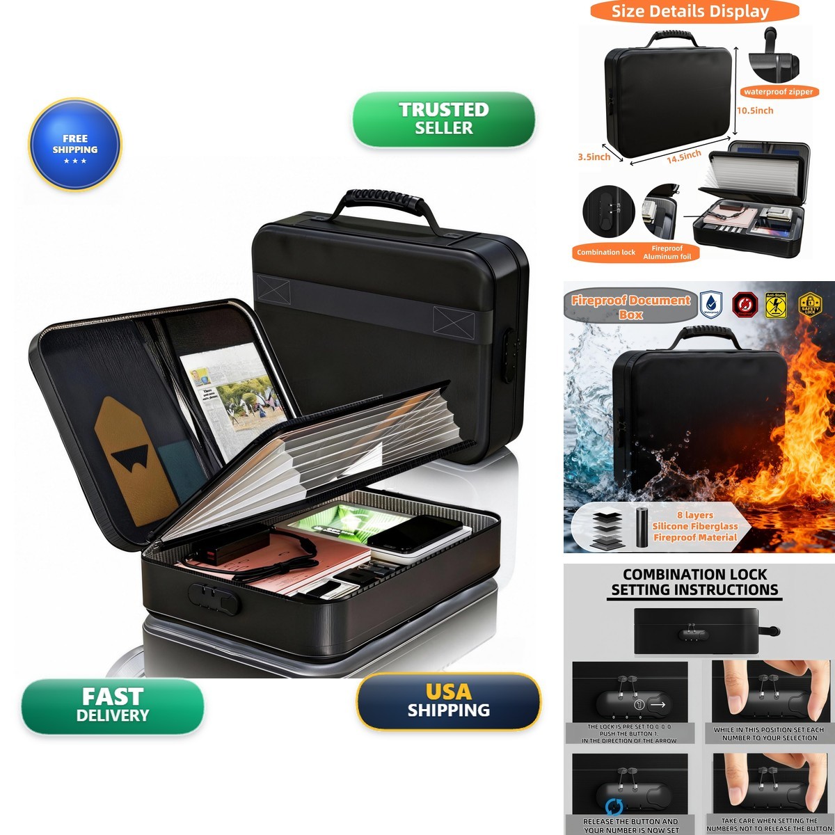 Vizoshi Fireproof Document Box Soft-Shell Lock Waterproof Zipper 5200°F Safe Vizoshi Fireproof Document Box Soft-Shell Lock Waterproof Zipper 5200°F Safe
