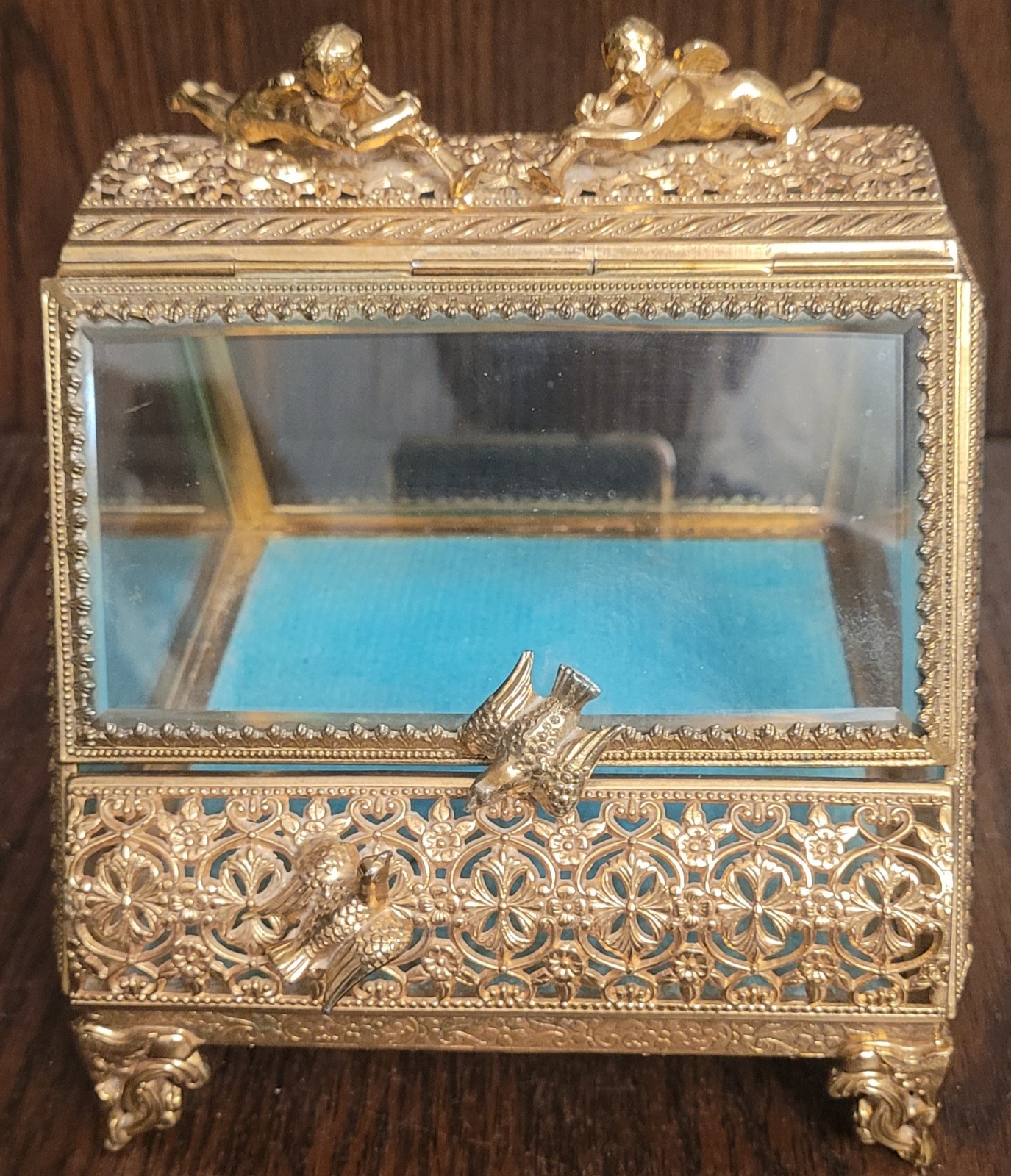 Vintage Ormolu Trinket Box w/ Cherubs and Birds and Beveled Glass Vintage Ormolu Trinket Box w/ Cherubs and Birds and Beveled Glass