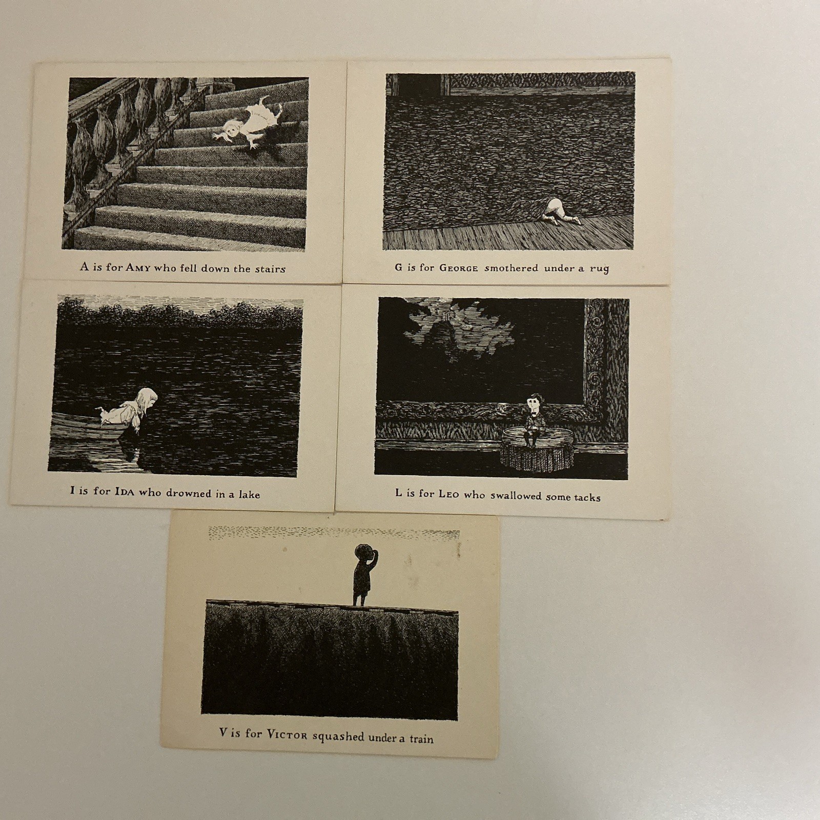 Edward Gorey 'The Gashlycrumb Tinies'  5 Unused Postcards from 1979  4” X 6”