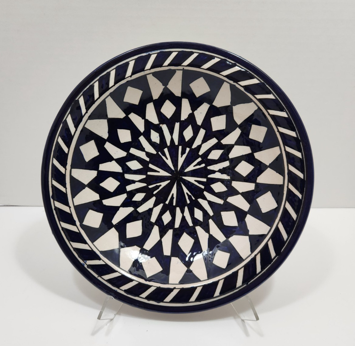 Vintage Moroccan Blue/White Geometric Ceramic Bowl Signed FES 10\