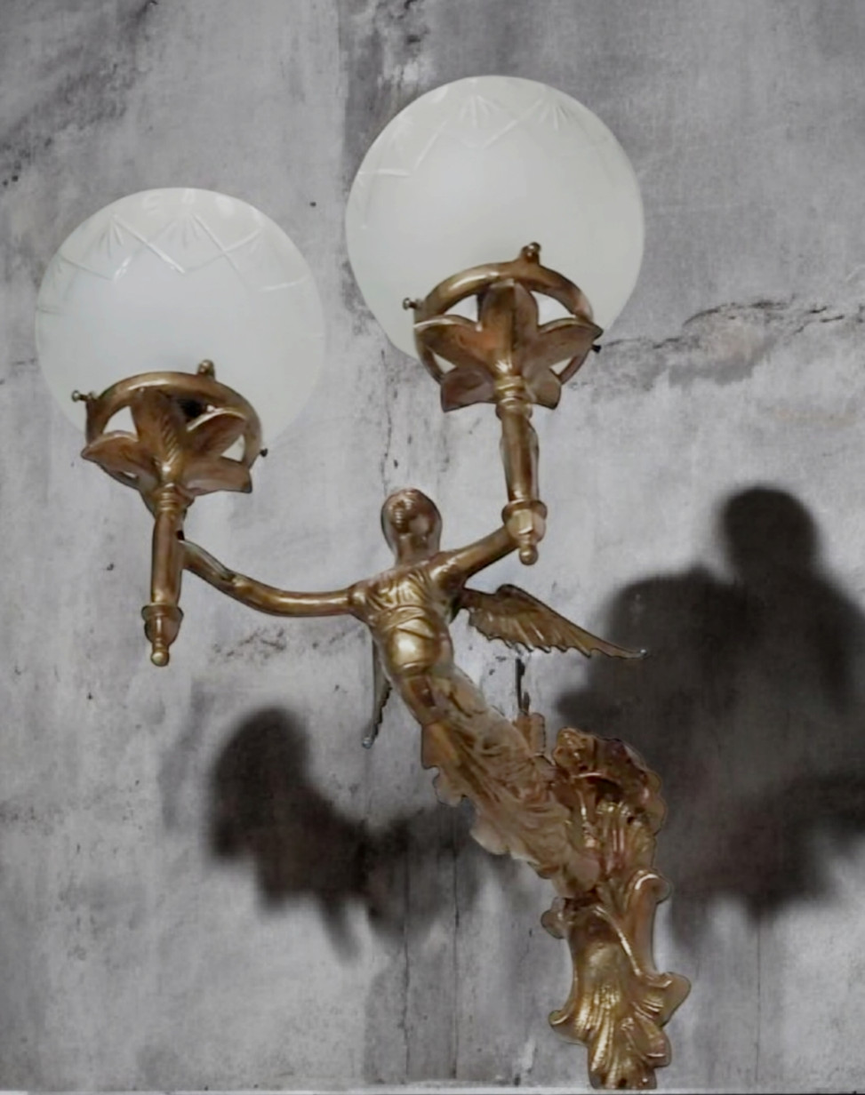 1 PC VINTAGE ART DECO MERMAID BRASS WALL LIGHT 2 LIGHT SHADE FIXTURE SCONCES # 1 PC VINTAGE ART DECO MERMAID BRASS WALL LIGHT 2 LIGHT SHADE FIXTURE SCONCES #