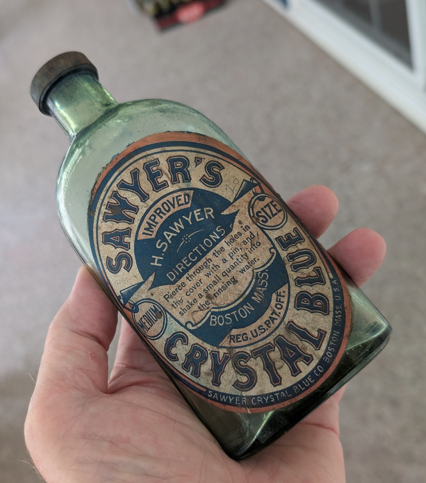 Vintage Sawyers Crystal Blue Bottle Boston Massachusetts Green Glass Label Vintage Sawyers Crystal Blue Bottle Boston Massachusetts Green Glass Label