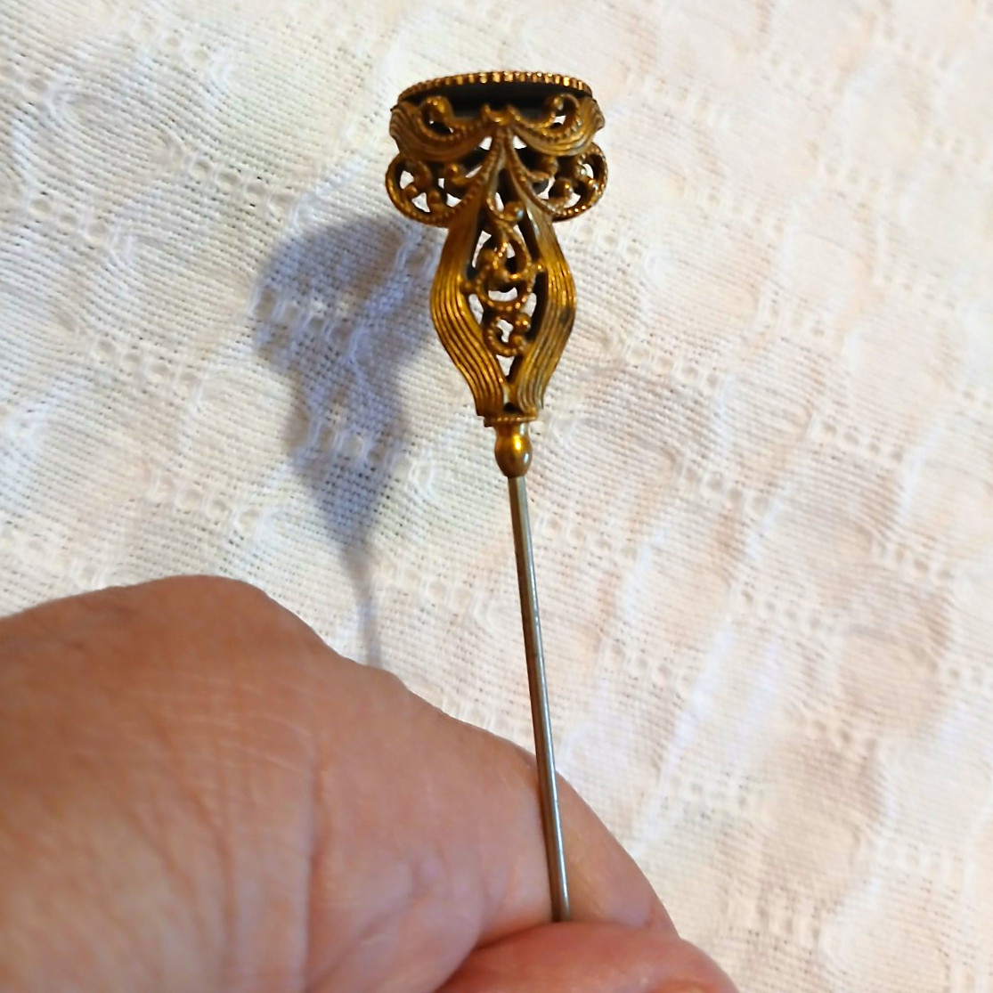 Vintage Filigree Hatpin Stick Pin w/ Monogram Engraved Round metal gold plate Vintage Filigree Hatpin Stick Pin w/ Monogram Engraved Round metal gold plate