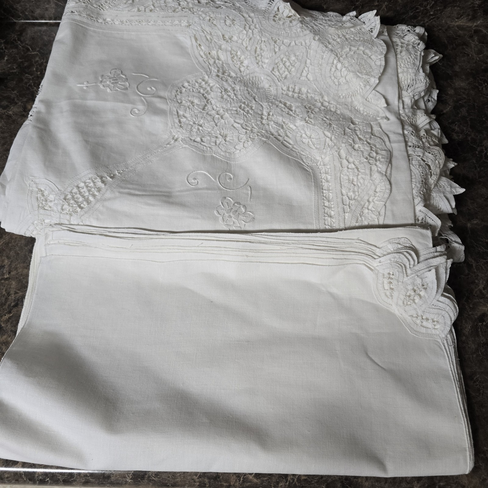 Vtg White Linen Blend Tablecloth Set 72x144 Hand Embroidery Cutwork Lace
