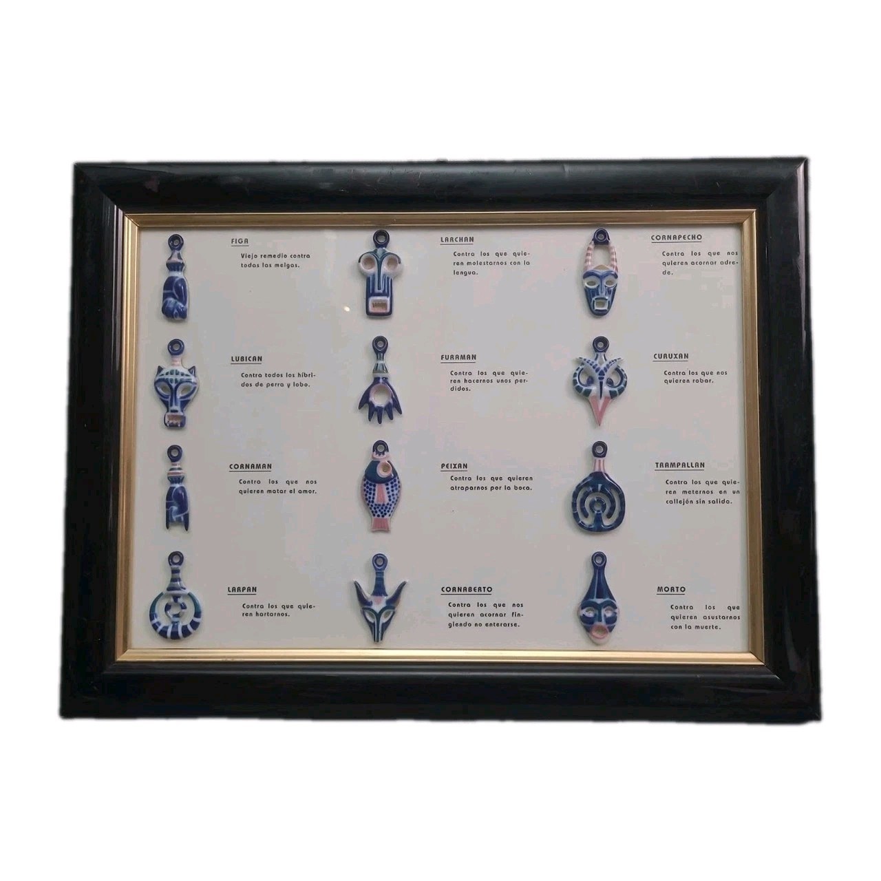 Vintage Sargadelos Spain 12 Porcelain Galician Amulets Framed Folk Art Display