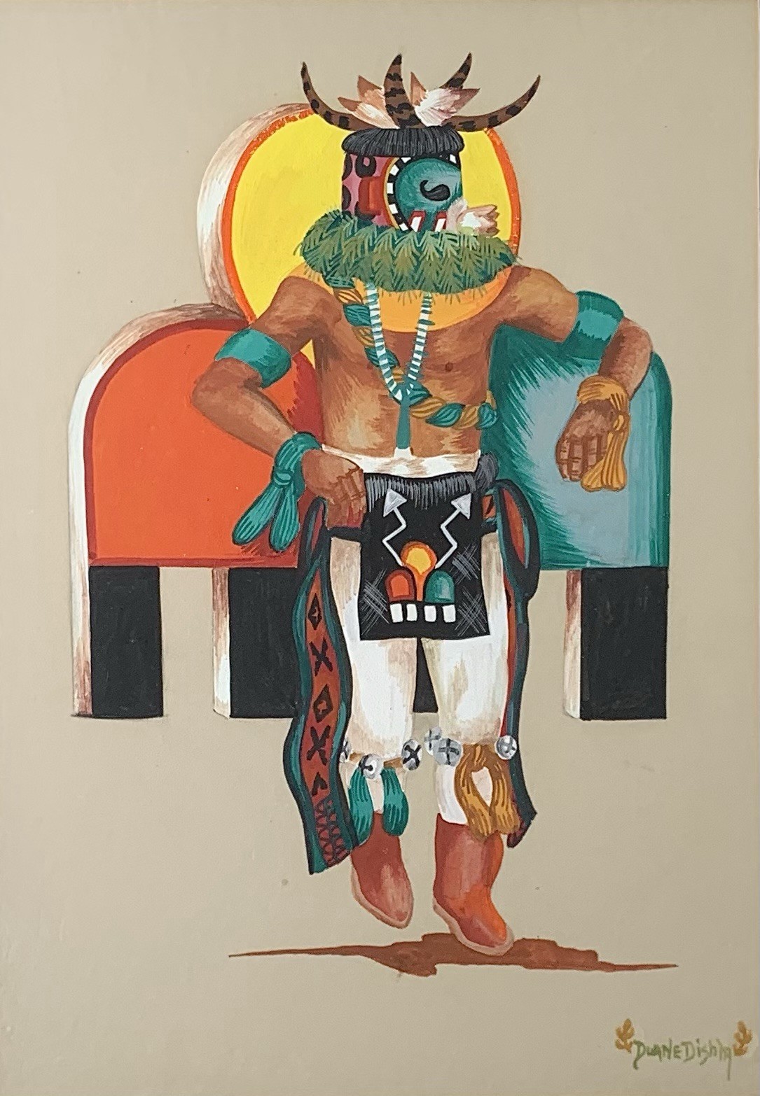 NATIVE AMERICAN ZUNI KACHINA DANCER PAINTING DUANE DISHTA SIGNED NATIVE AMERICAN ZUNI KACHINA DANCER PAINTING DUANE DISHTA SIGNED