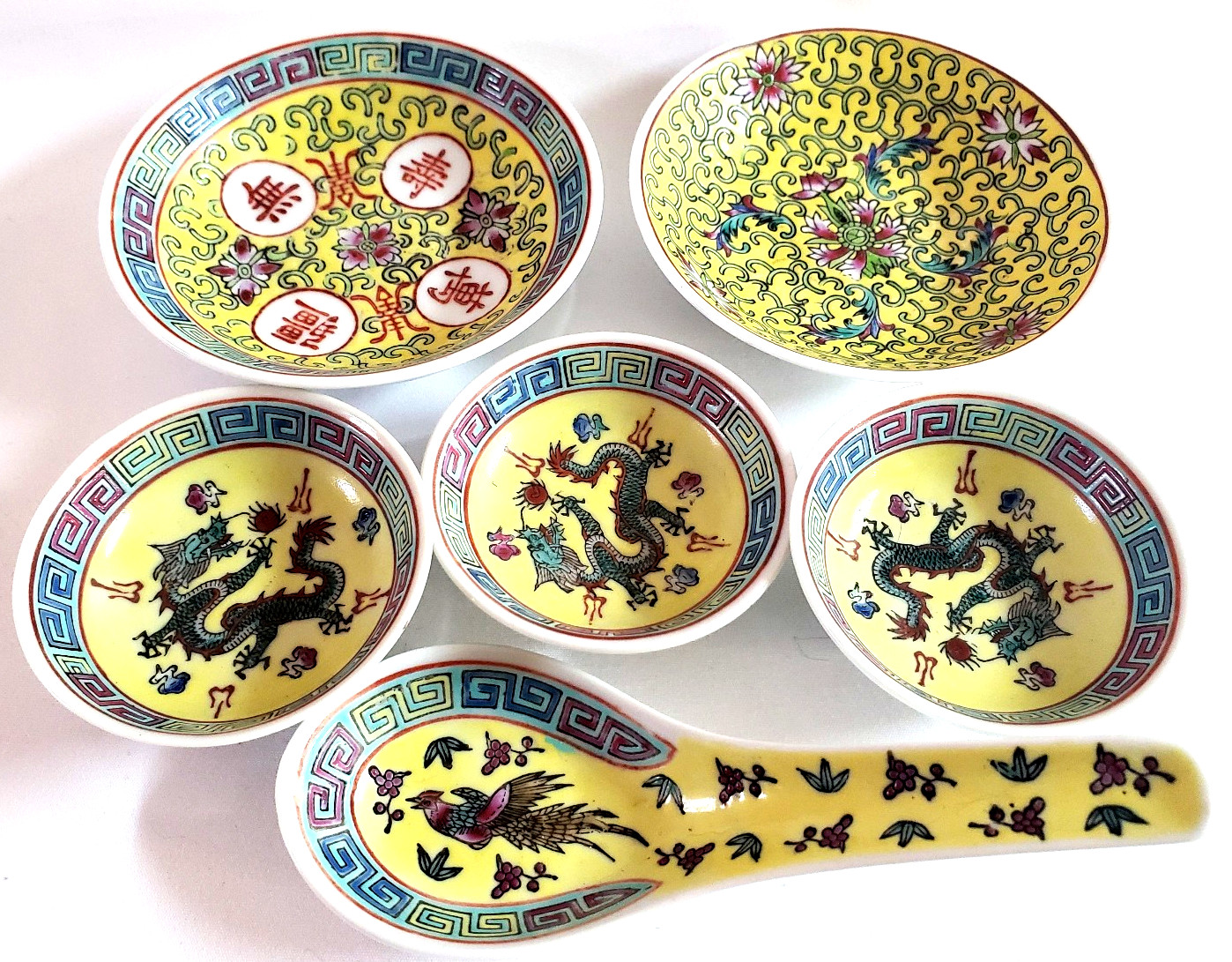 Vintage Chinese Famille Jaune Porcelain Set Dragon & Phoenix Yellow  Porcelain