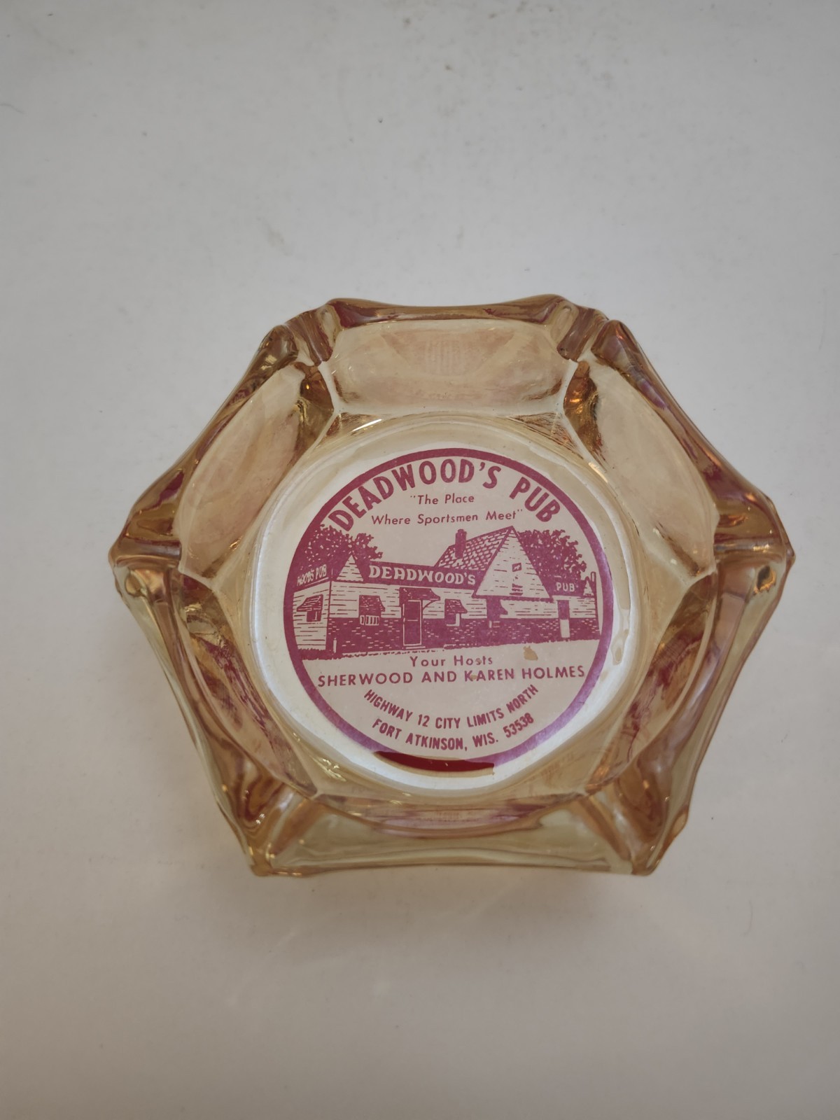 VINTAGE DEADWOODS PUB FORT ATKINSON WI GLASS ASHTRAY 1950S VINTAGE DEADWOODS PUB FORT ATKINSON WI GLASS ASHTRAY 1950S