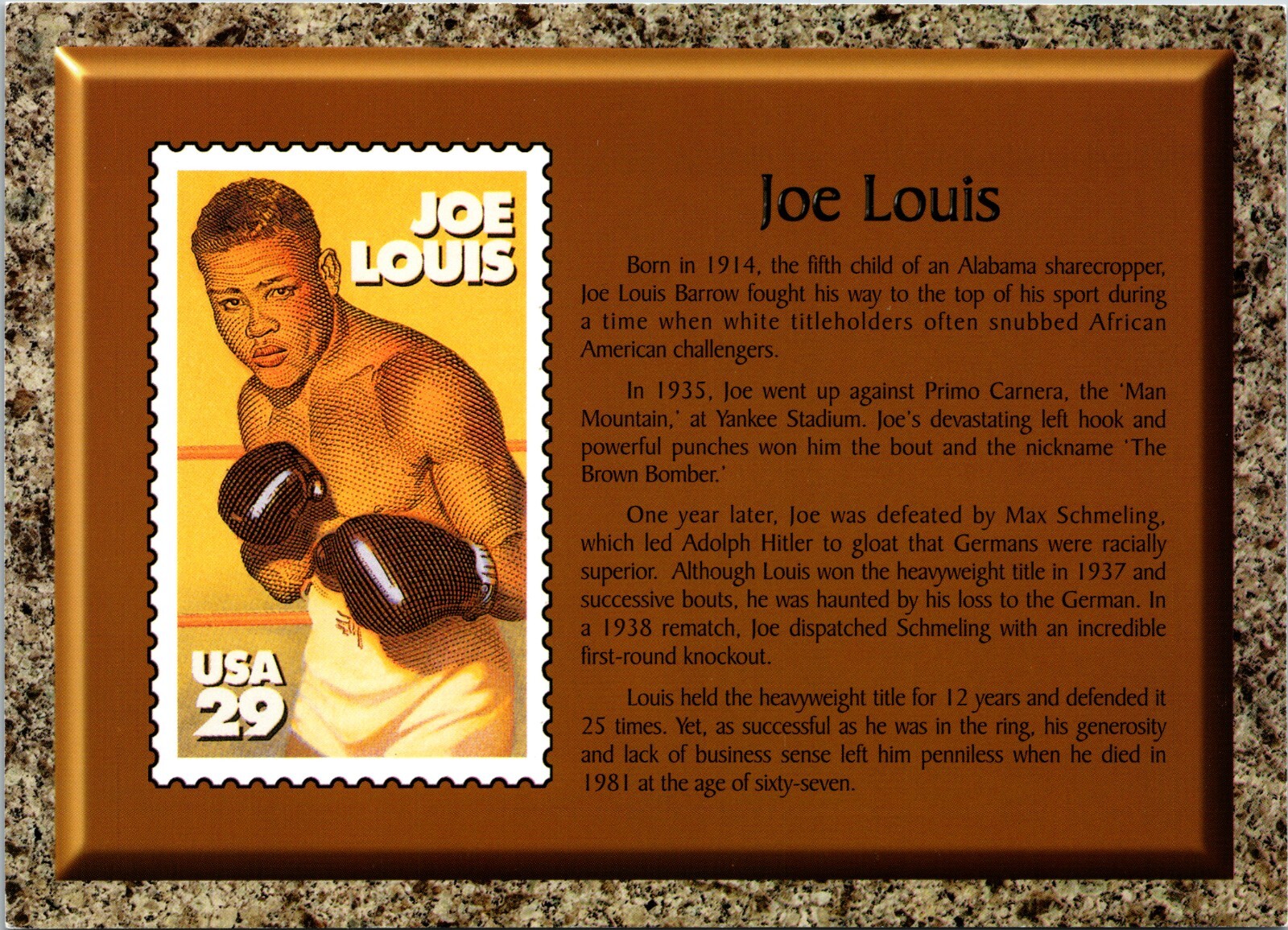 Joe Lewis Heavyweight Champion Black Heritage 1999 Stamp Art Postcard Joe Lewis Heavyweight Champion Black Heritage 1999 Stamp Art Postcard