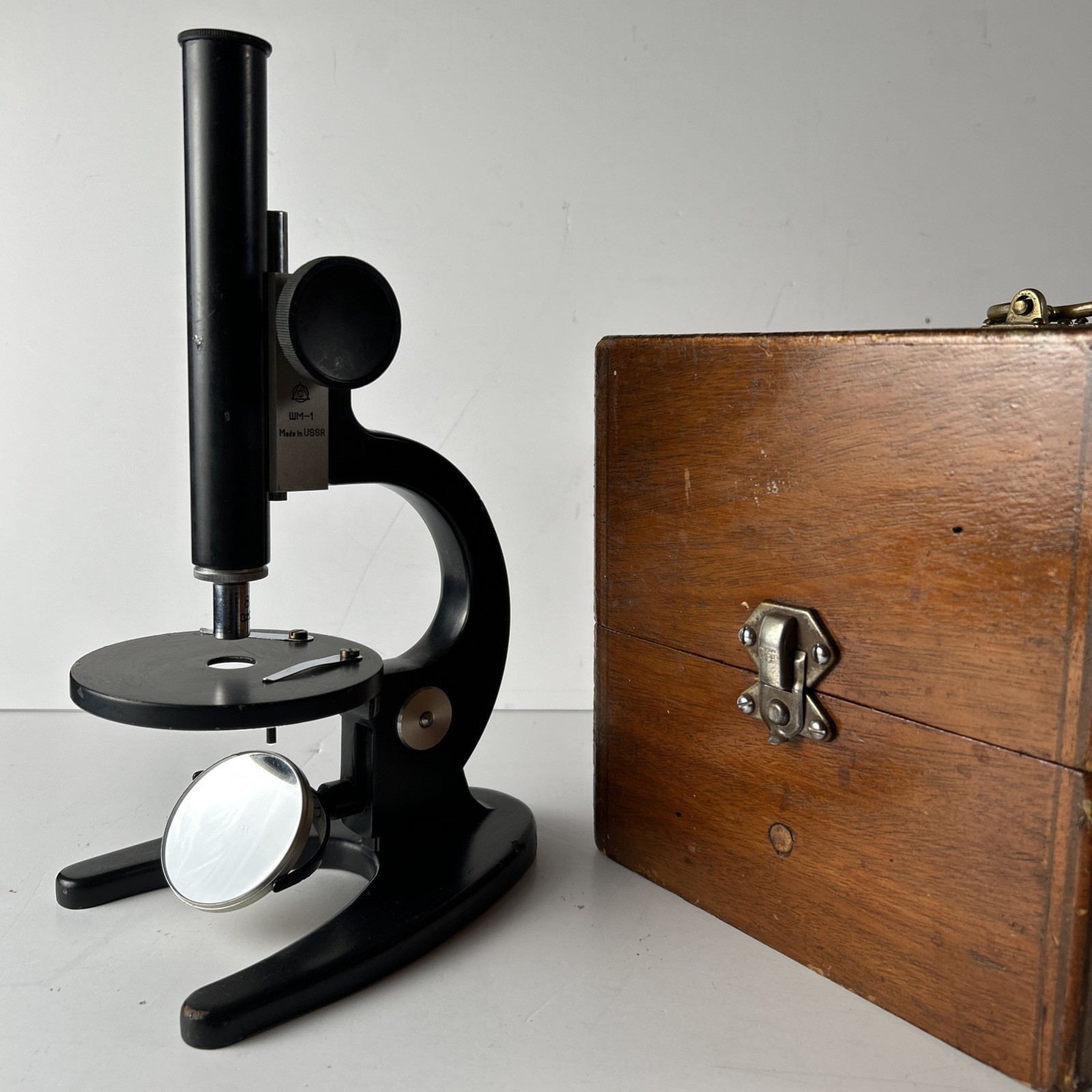 Vintage USSR Soviet Microscope ShM-1 LZOS Wood Case & Demo Slides As Is