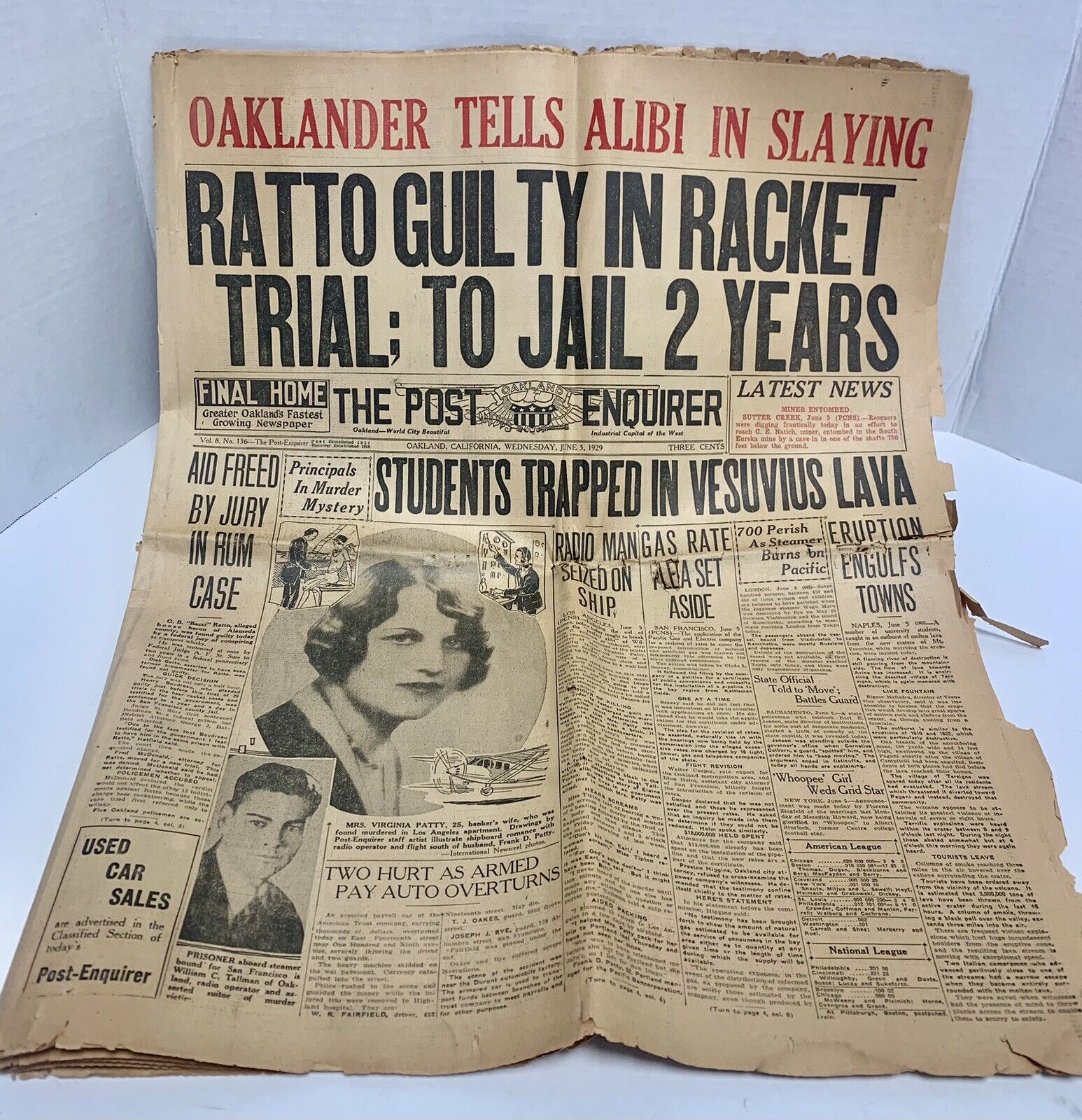 VTG Oakland Post Enquirer Newspaper June 5 1929 Ratto Guilty Racket Trial WORN