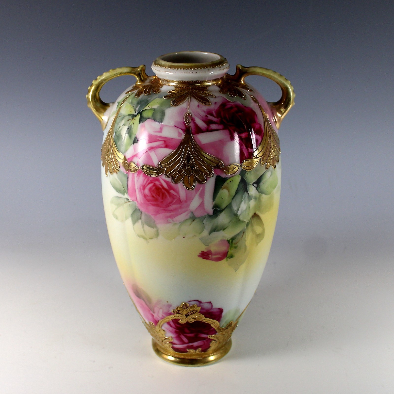 Antique Nippon Hand Painted Moriage Maple Leaf Mark Gold Floral Vase 10.5” Japan