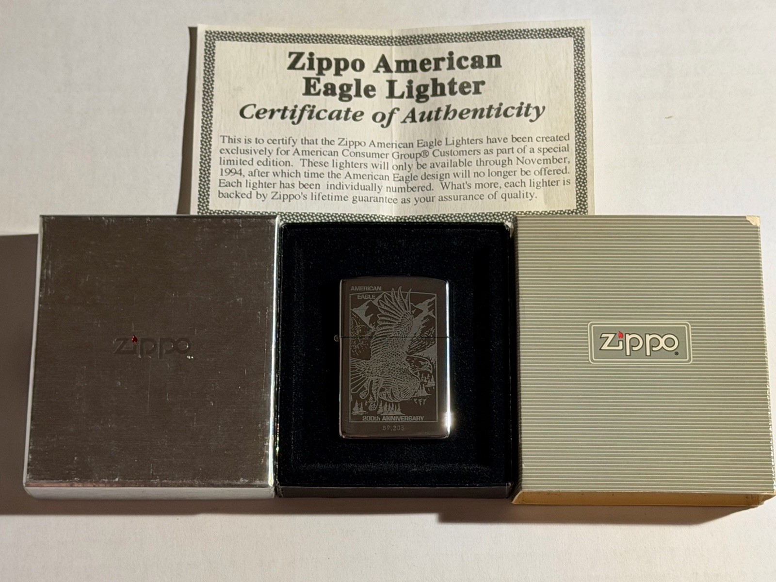 Vintage 1994 Zippo Lighter USA Made American Eagle 200th Anniversary Unfired Vintage 1994 Zippo Lighter USA Made American Eagle 200th Anniversary Unfired