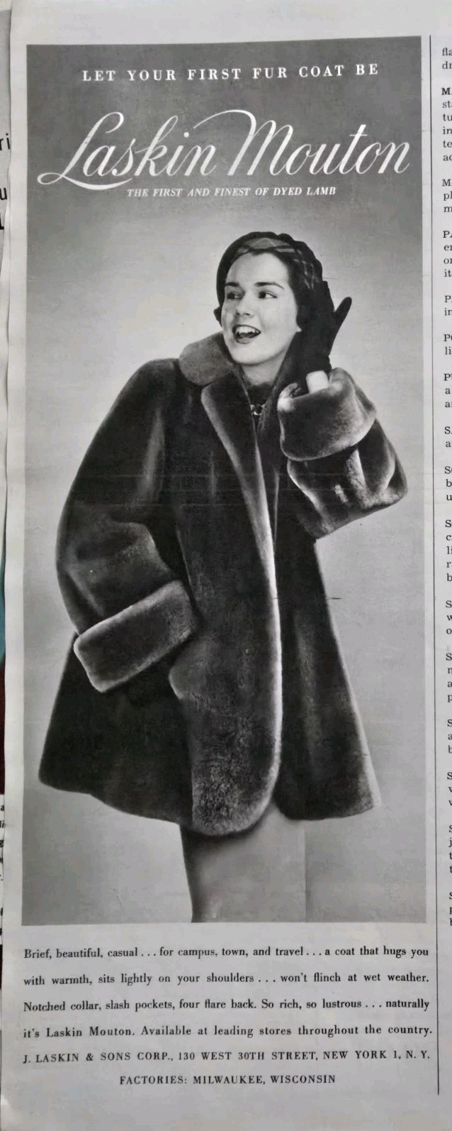 1950 Women\'s Laskin Mouton Dyed Lamb Fur Coat Fashion vintage Ad 1950 Women\'s Laskin Mouton Dyed Lamb Fur Coat Fashion vintage Ad
