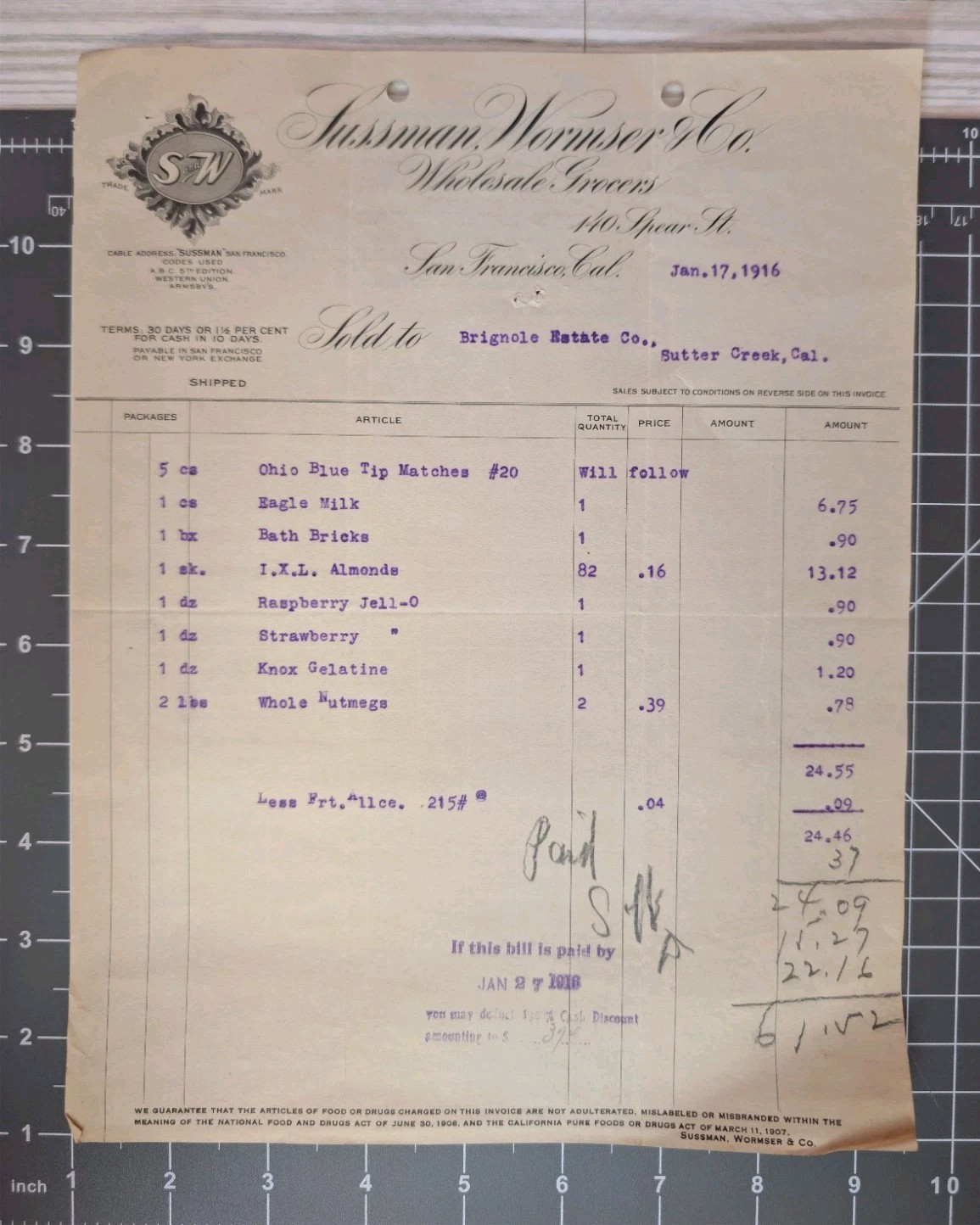 1916 Sussman Wormser Co Invoice Brignole Estate CA Jell-O San Francisco 