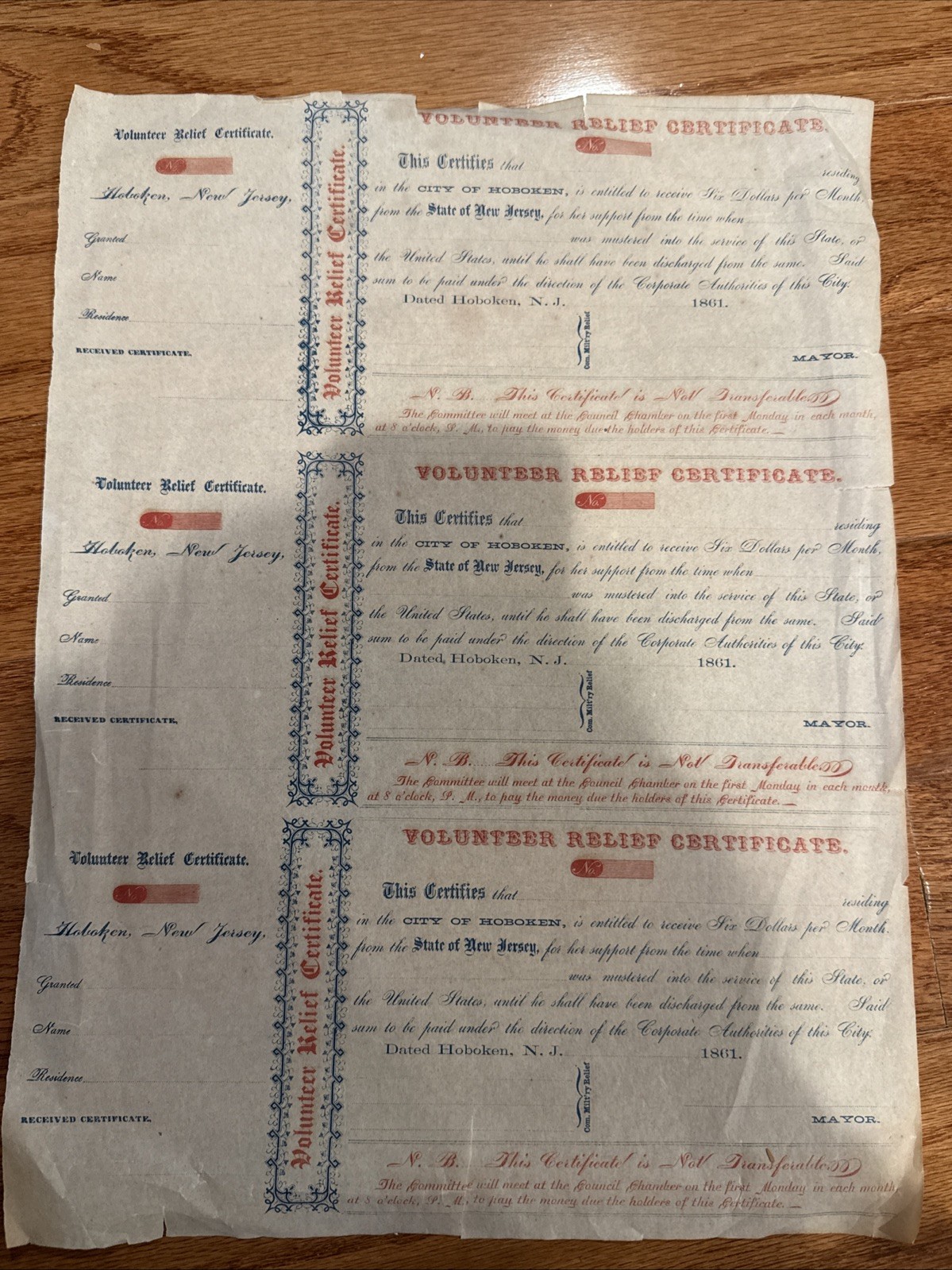 1861 Civil War Hoboken NJ Volunteer Relief Certificates Uncut Sheet 3 - Rare