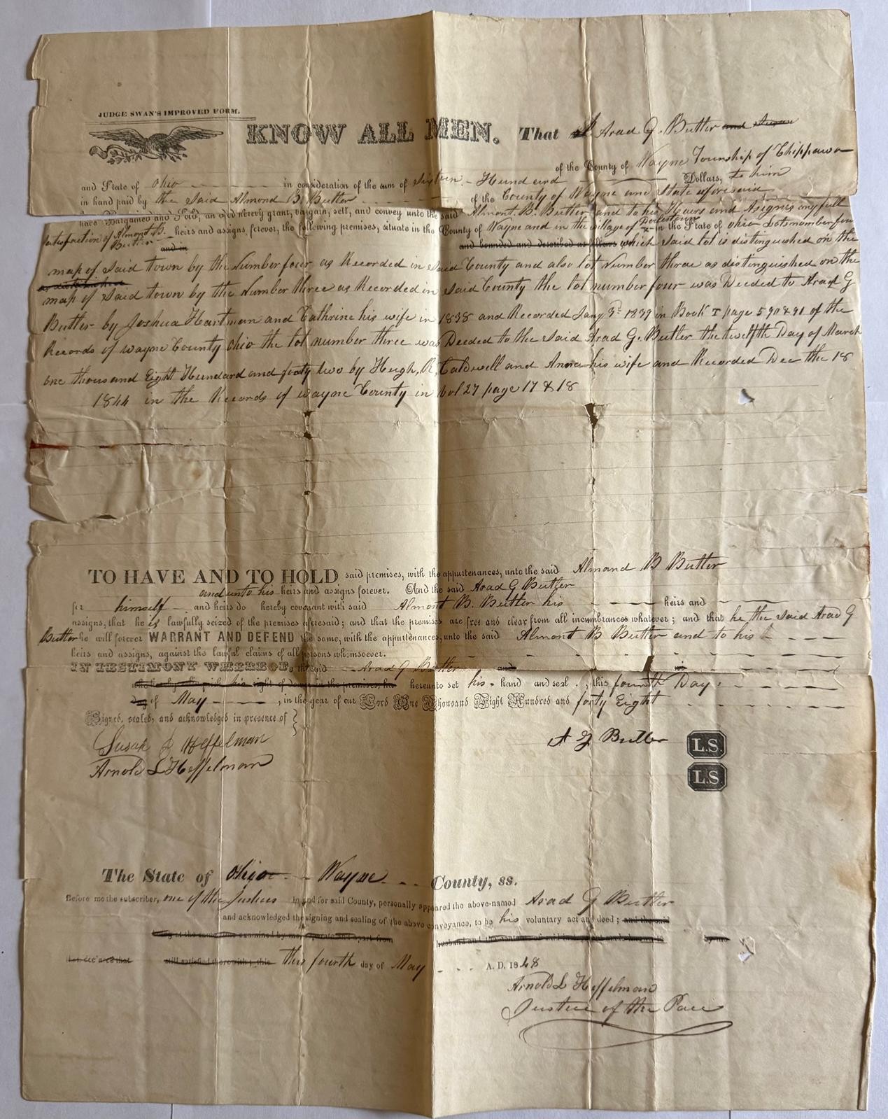 1848 Wayne County Ohio Land Deed Arad G Butler to Almon B Butler Recorded 1852