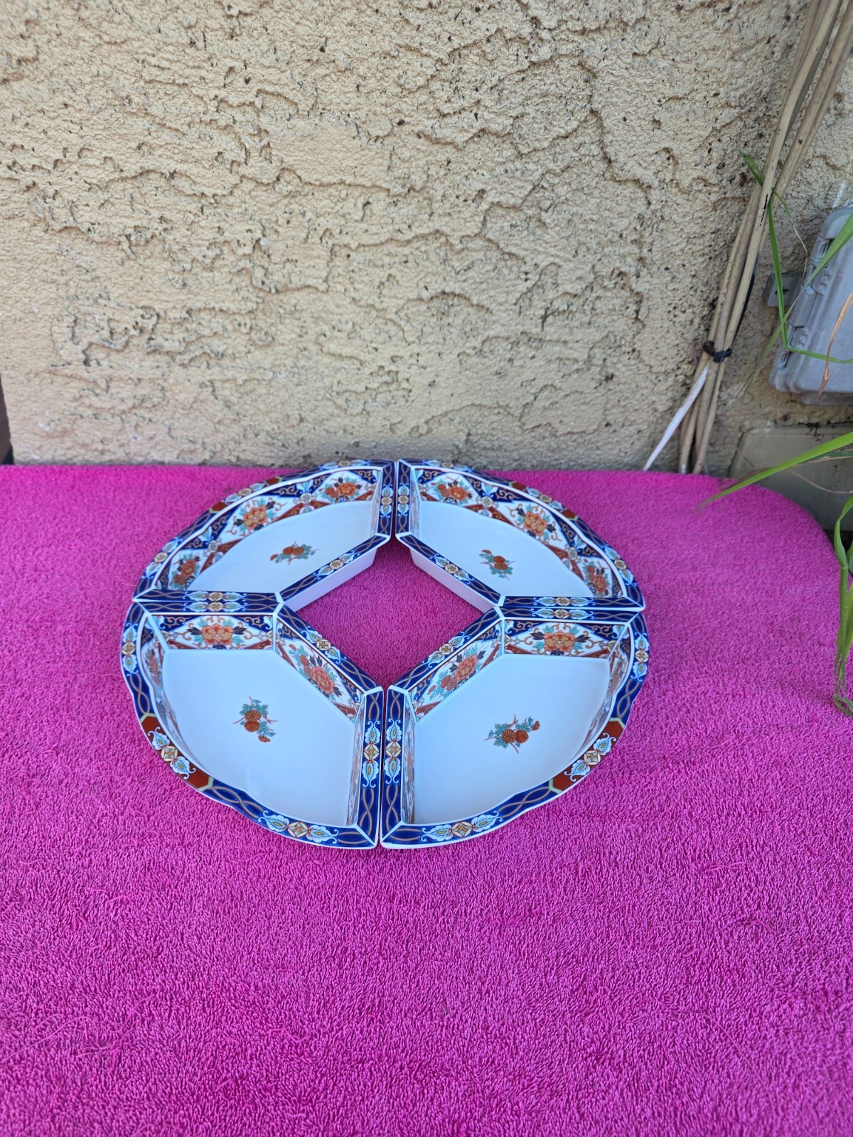 Japanese Imari-Style Porcelain Divided Serving Tray Lazy Susan Appetizer 4pcs