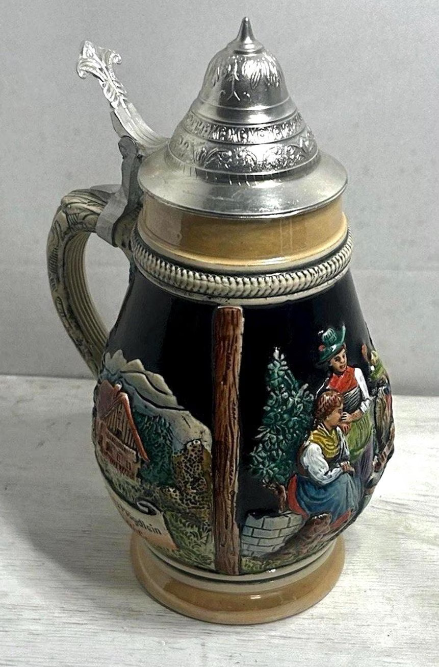 Vintage German Beer Stein 1 Liter Pewter Lid Bavarian Village Scene Oktoberfest Vintage German Beer Stein 1 Liter Pewter Lid Bavarian Village Scene Oktoberfest