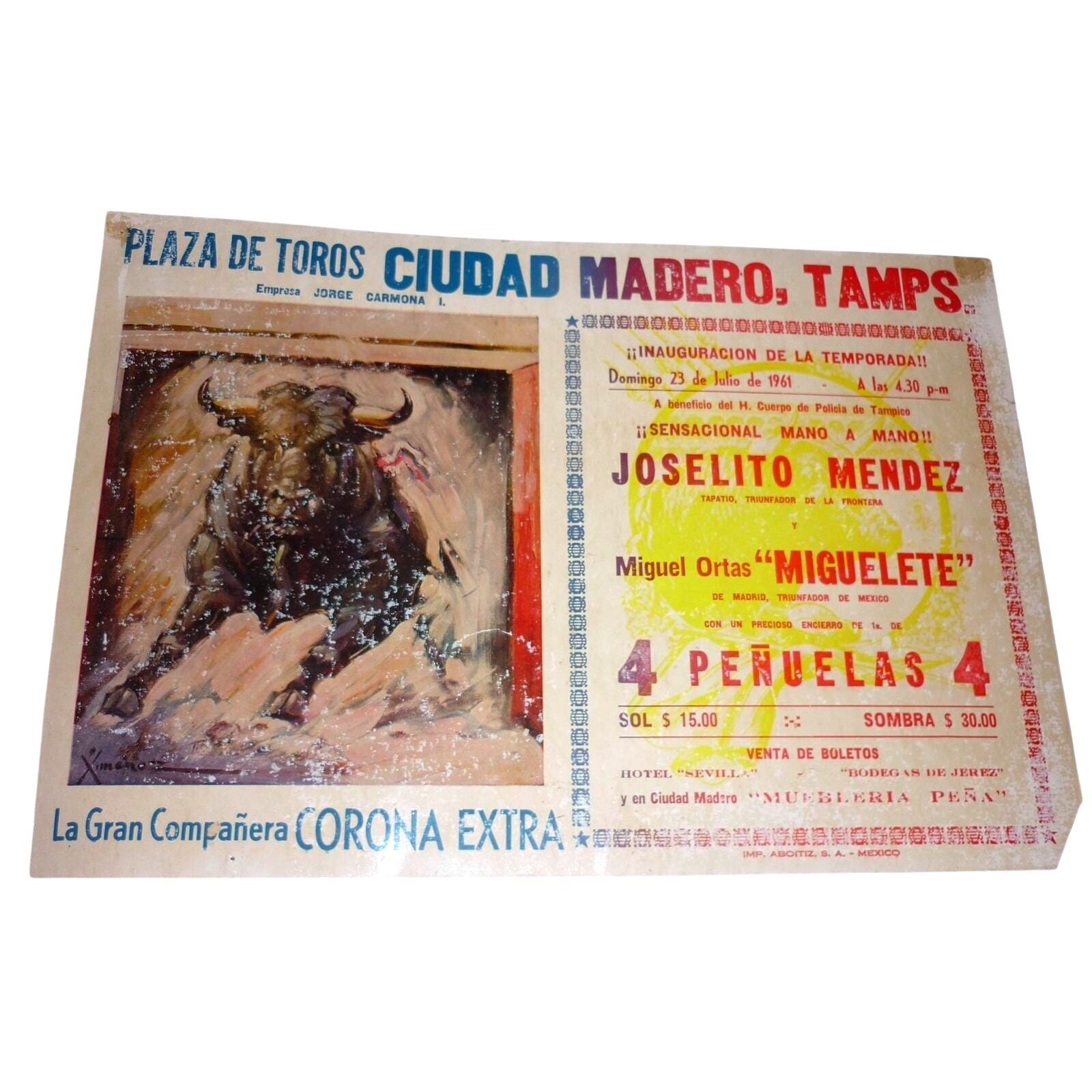 Vintage 1961 Plaza de Toros Ciudad Madero Bullfighting Poster Card Corona Extra Vintage 1961 Plaza de Toros Ciudad Madero Bullfighting Poster Card Corona Extra