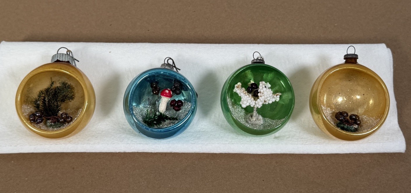 Vintage Mercury Glass Diorama Christmas Ornament Lot of 4 Japan Indented Vintage Mercury Glass Diorama Christmas Ornament Lot of 4 Japan Indented