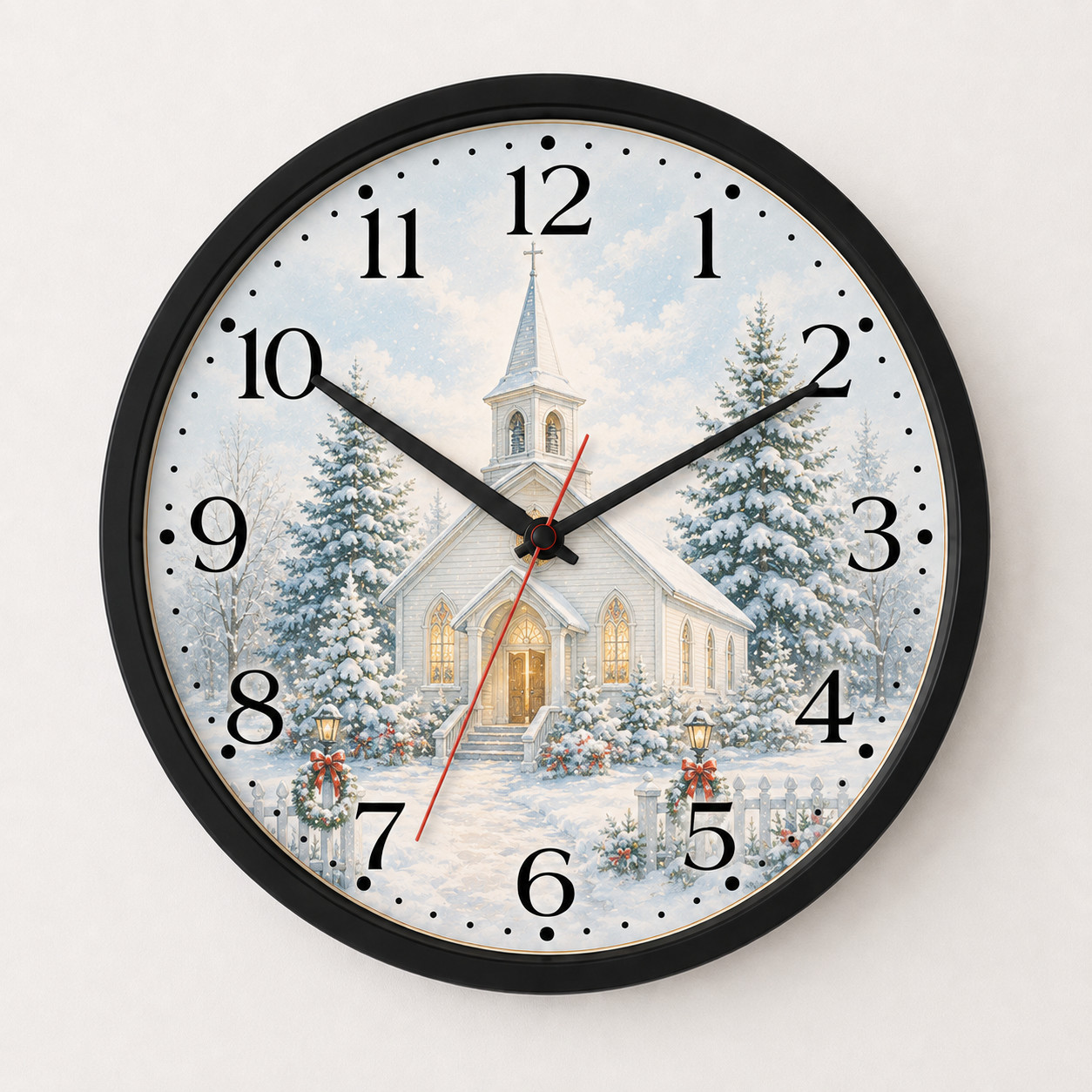 Snow Covered Church 10 inch Christmas Wall Clock | Winter Holiday Snow Covered Church 10 inch Christmas Wall Clock | Winter Holiday